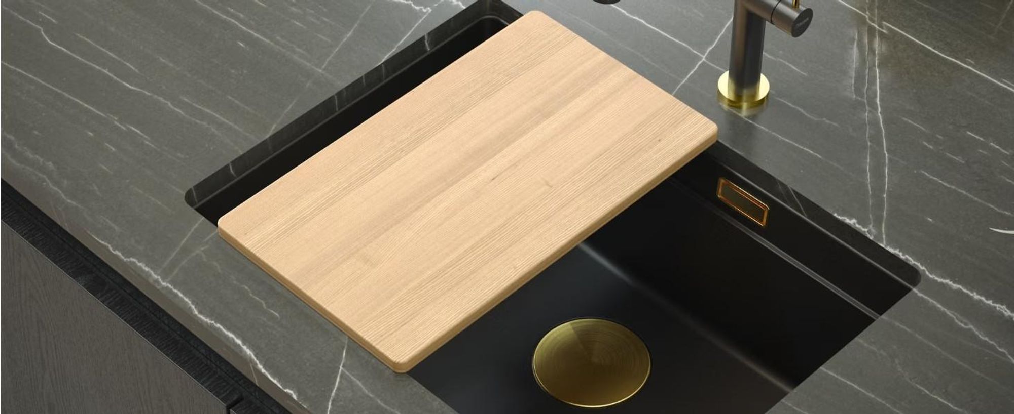 QUADRON Spülbecken 1-Becken Spüle | Größe: 59,5 x 45,1 x 21,5 cm | LOGAN 100 | Küchenspüle Granitspüle aus GraniteQ mit Siphon | Beige + Gold