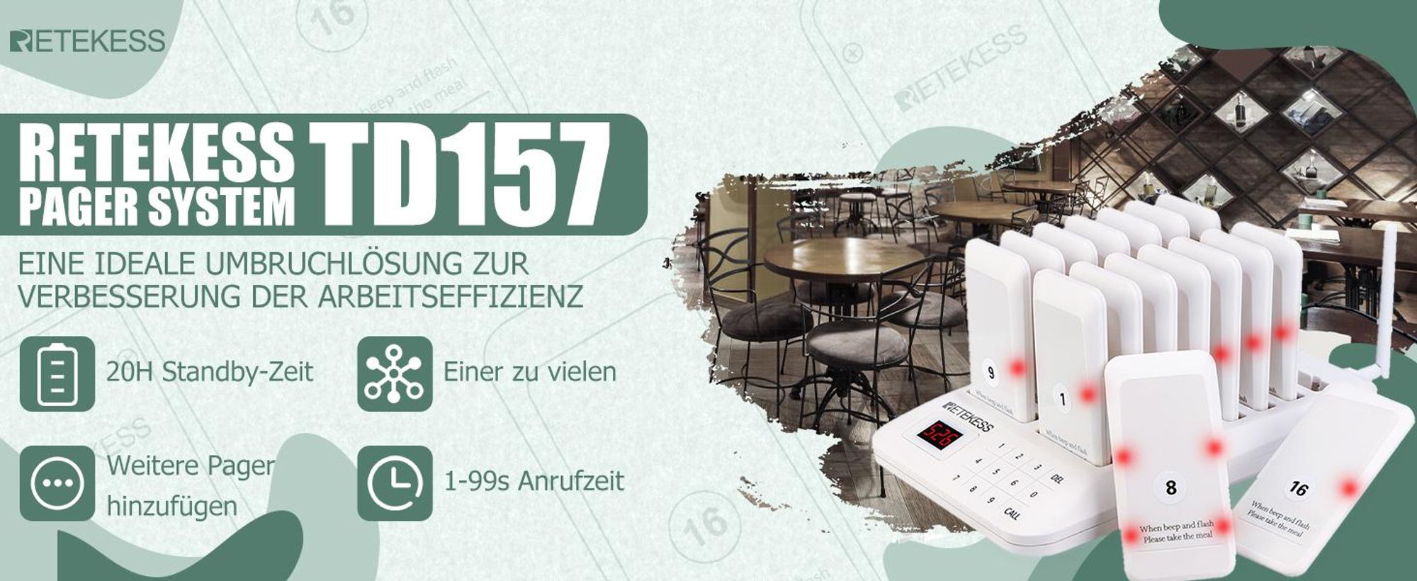 Retekess TD157 Bezdrátový vyvolávací systém, systém pro volání zákazníků se 2 režimy volání + dálkové volání, 16 pagerů 998 kanálů pro bar v nemocnici a restauraci(bílá)