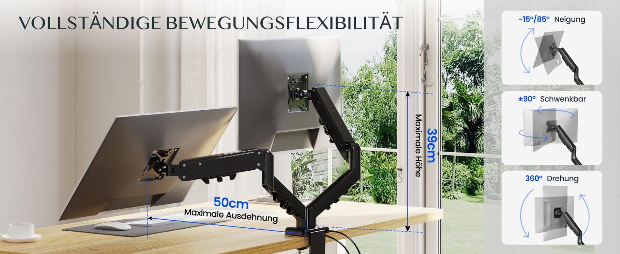 FLEXISPOT MA1 Dual Monitorhalterung 17–32 Zoll mit USB-Anschlüssen, Gasdruckfeder Monitorarm für 2 Monitore, höhenverstellbar & flexibel schwenkbar