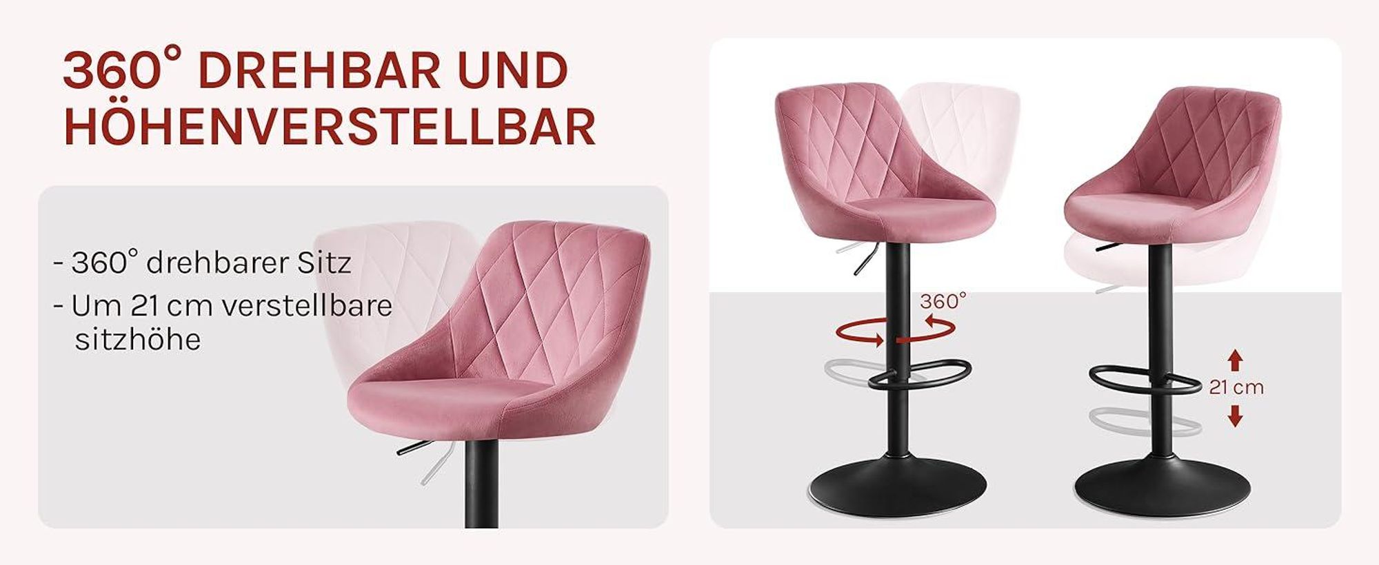 WOLTU Barhocker Barstuhl, Gute gepolsterte Sitzfläche aus Samt, Höhenverstellbar, 360° Drehbar, Rosa