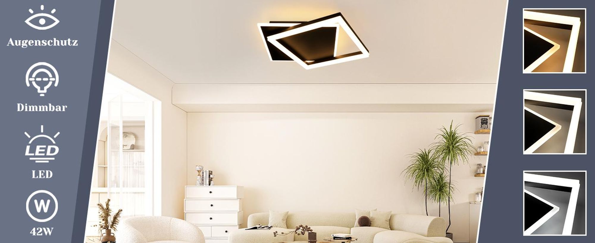 ZMH LED Deckenleuchte Schwarz Wohnzimmer Dimmbar mit Fernbedienung Deckenlampe  44W Quadratisch Metall für Schlafzimmer Büro Küche Esszimmer