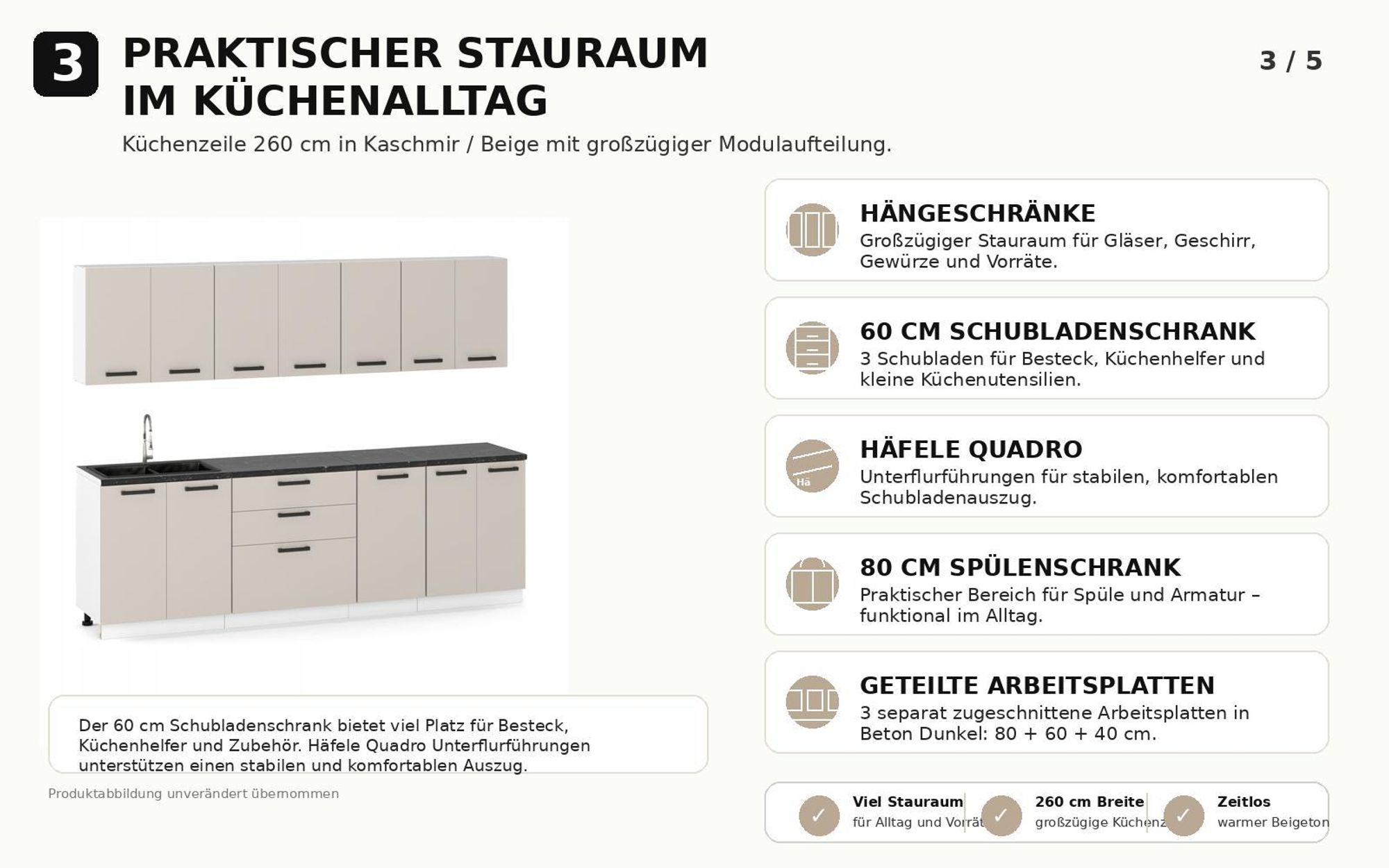 Maße der Küchenzeile 260 cm mit Modulen 80, 40, 60 und 80 cm im Überblick