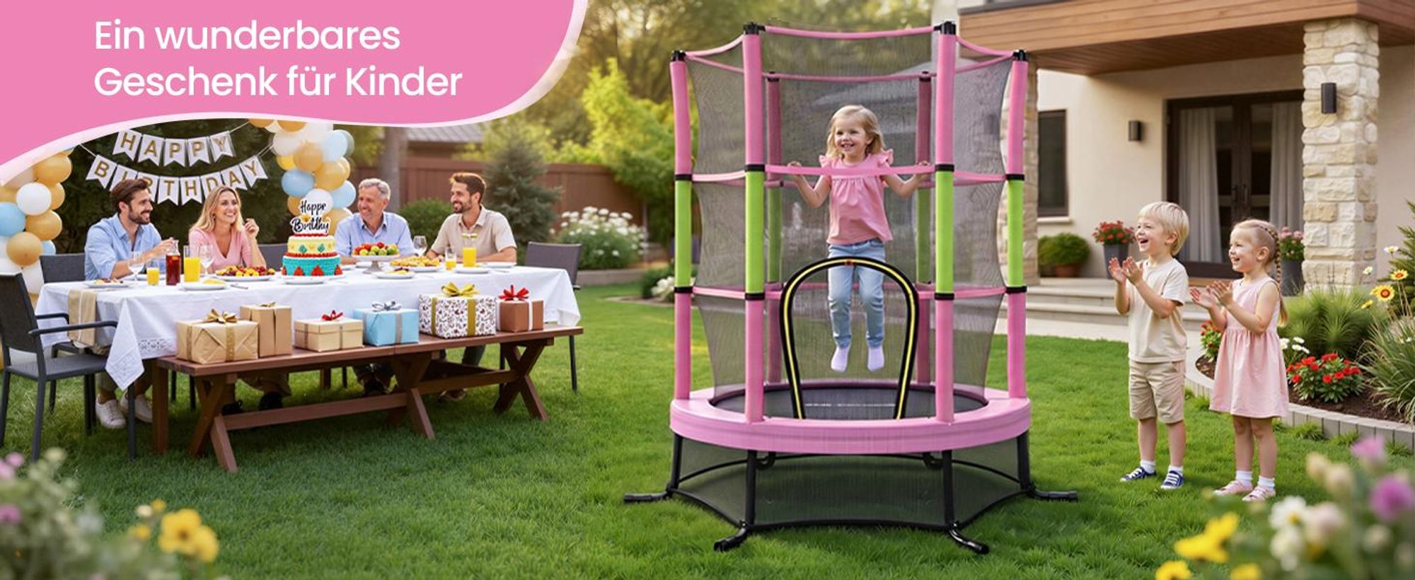 SONGMICS Trampolin Kinder, 174 cm Gartentrampolin mit Sicherheitsnetz, Mini-Trampolin für innen und außen, Stahlrahmen, pink