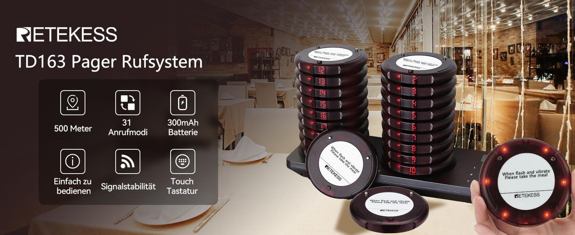 Retekess TD163 Restaurant Pager System, Pager Rufsystem mit 31 Rufmod, 500M, 20 Pagers, 300mAh 20H, Pager set für Fast Food, Hamburgerladen, Café, Bar