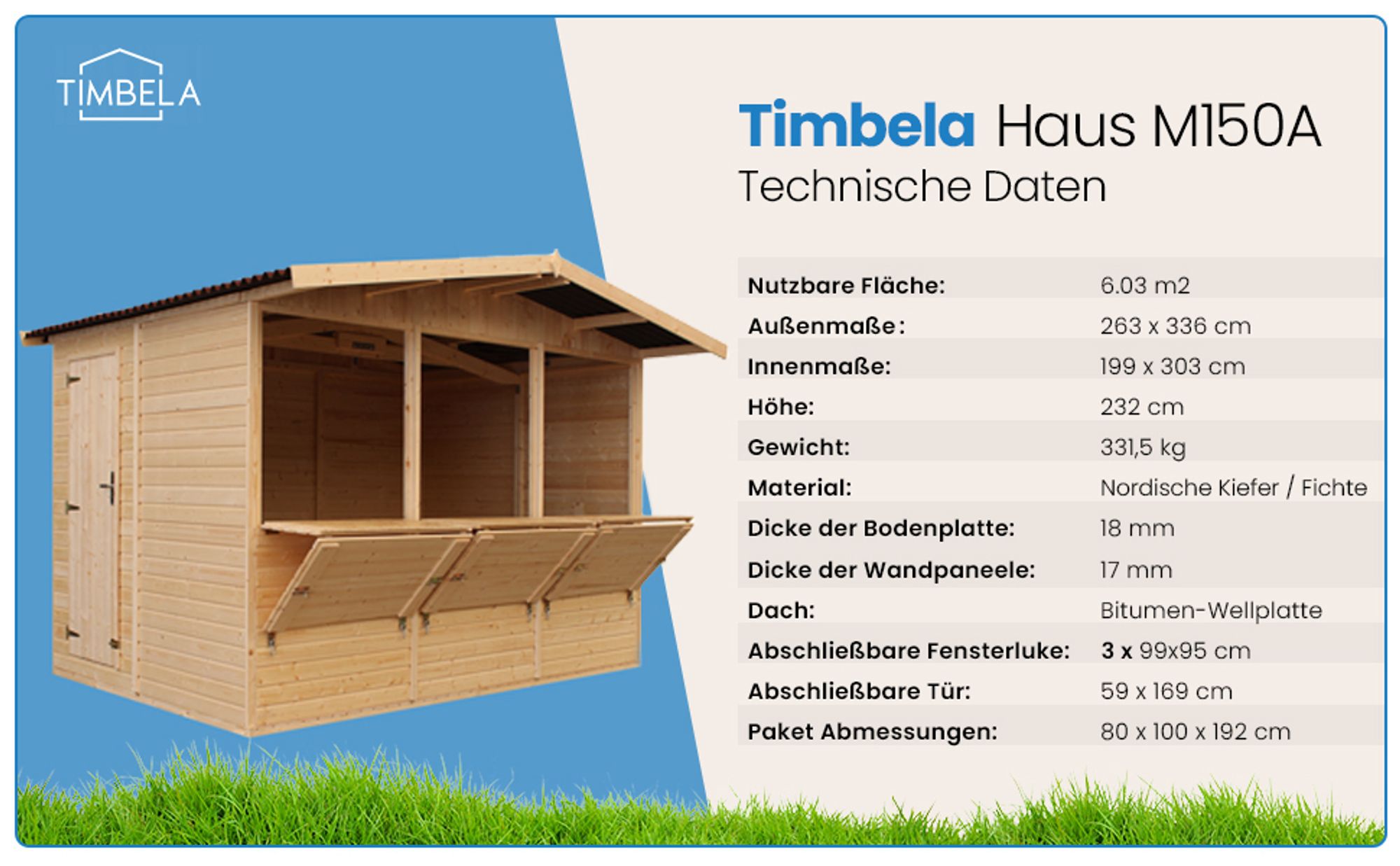 TIMBELA M150A H232x336x263 cm/6 m2, große multifunktionale Garten-Bar Verkaufshütte Verkaufsstände aus Holz