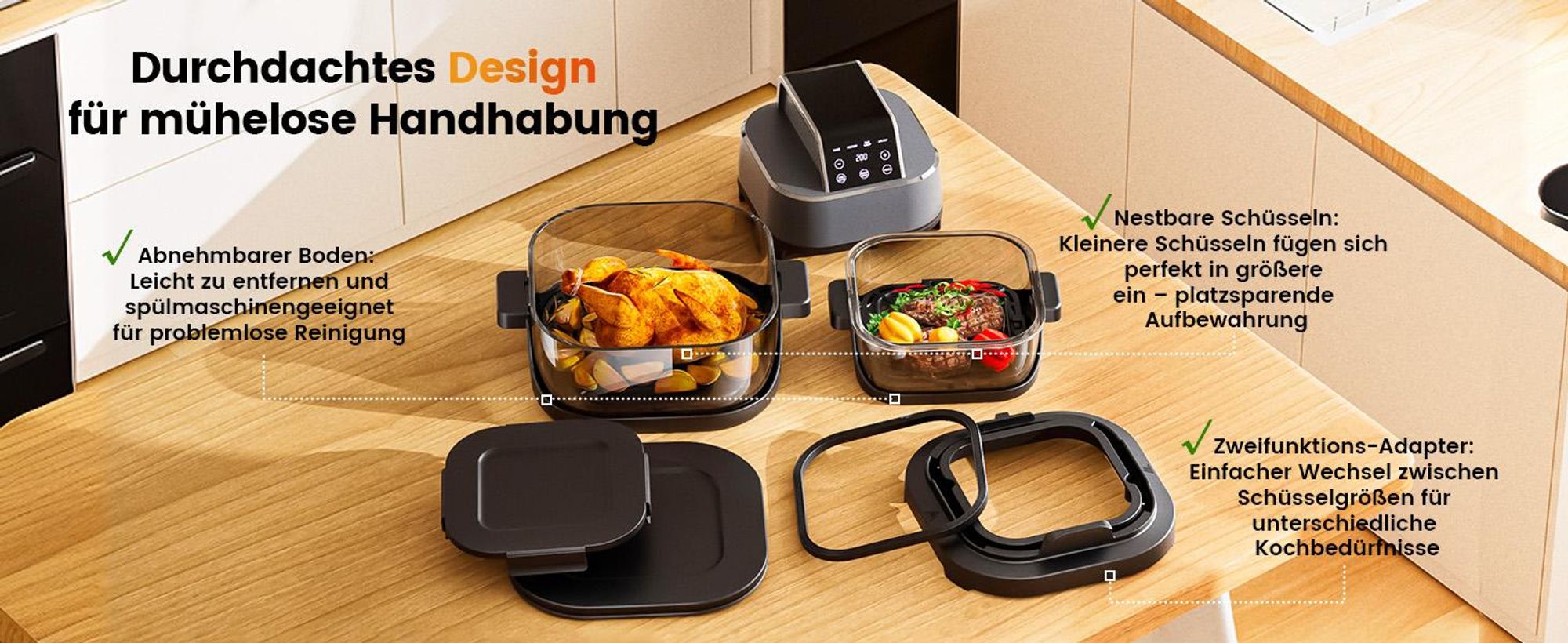 GTPLAYER Airfryer, Multifunktionale Heißluftfritteuse 4 Liter mit mit Easy-View-Fenster, Glasbehälter, Hi-Fry, automatische Abschaltung, digital