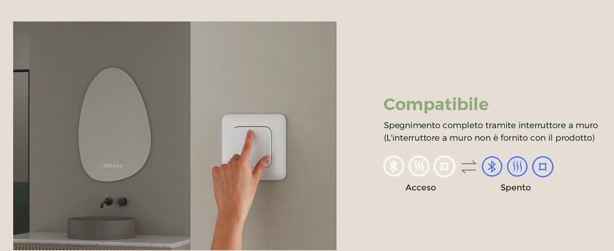 S'AFIELINA 75 x 55 cm specchio da bagno con illuminazione Asimmetrico con 3 colori di luce dimmerabili, antiappannamento, Bluetooth, orologio, temperatura, funzione memoria