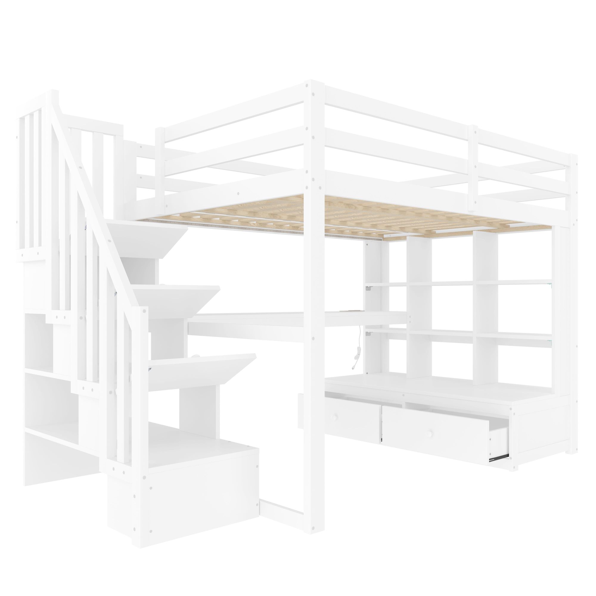 Merax Etagenbett 140x200, mit Schreibtisch, Regalen, LED, Schubladen & Stauraumtreppe, Hochbett Stockbett, Kinderbett Jugendbett, Weiß