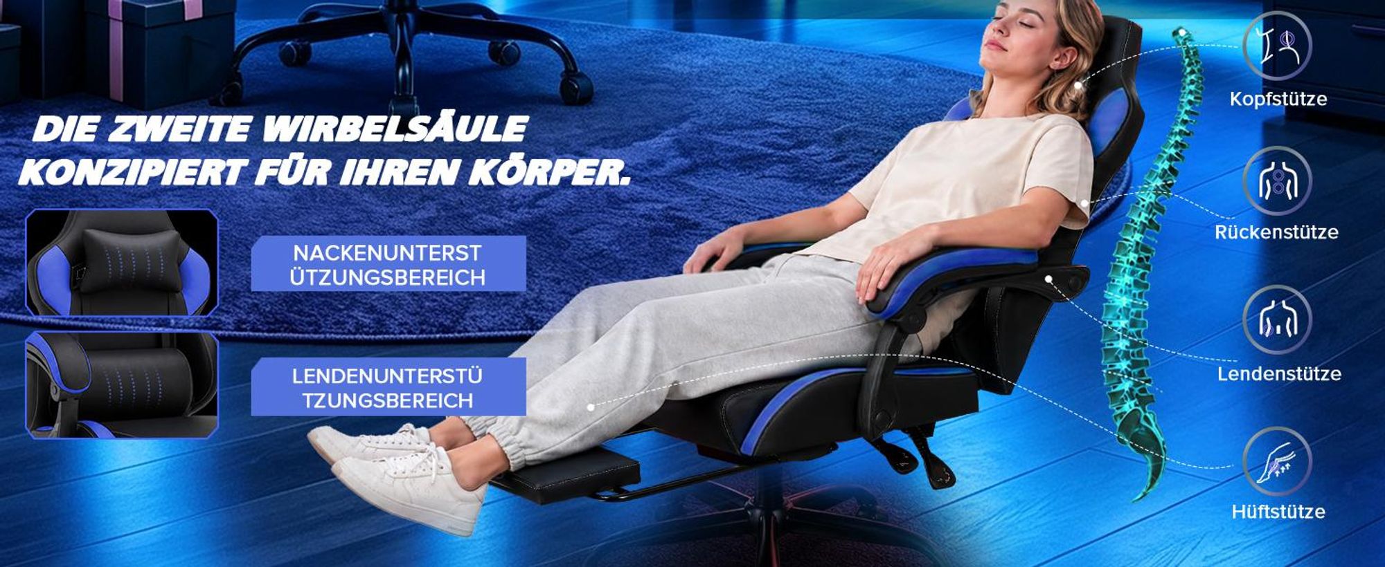GTPLAYER Gaming Stuhl Bürostuhl Gaming Sessel mit Fußstütze, Ergonomischer Gamer Stuhl mit Verbundenen Armlehnen, Höhenverstellbaren Schreibtischstuhl