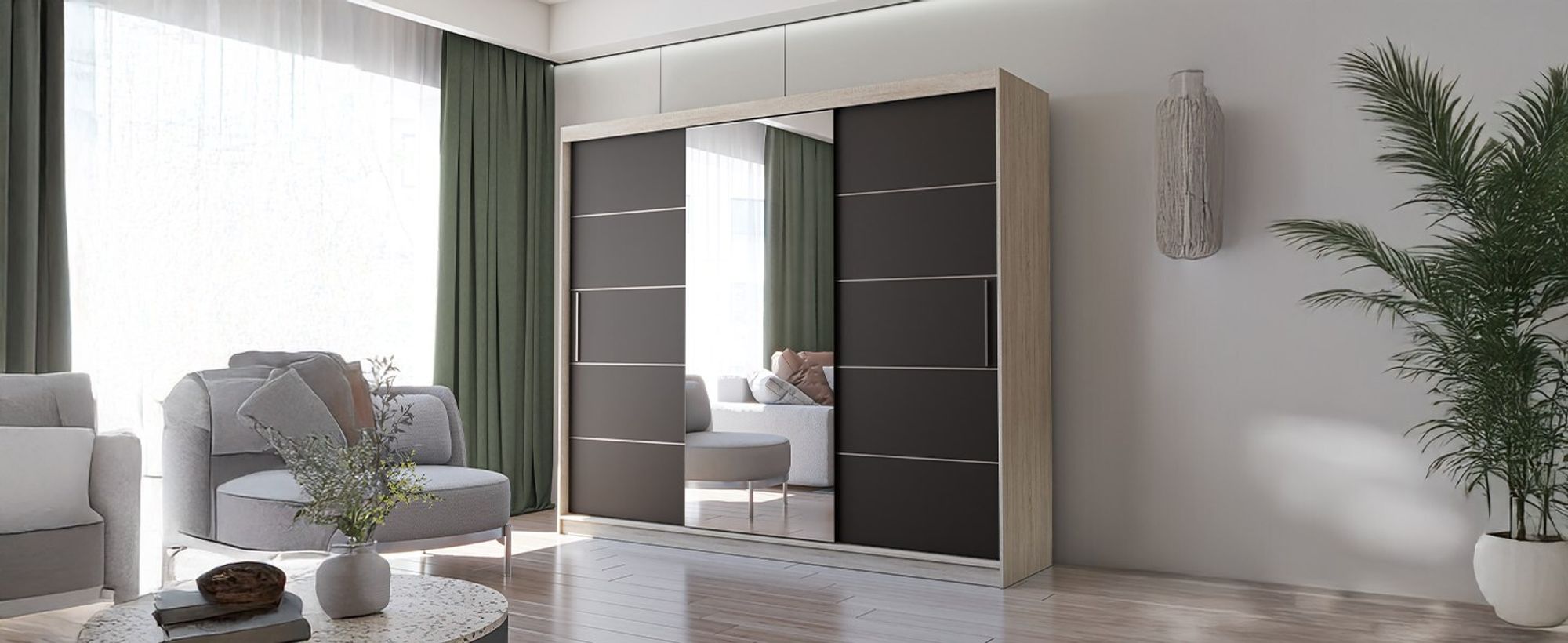Schwebetürenschrank Kleiderschrank Schrank 250cm Sonoma/Schwarz mit Spiegel und LED-Beleuchtung Alba