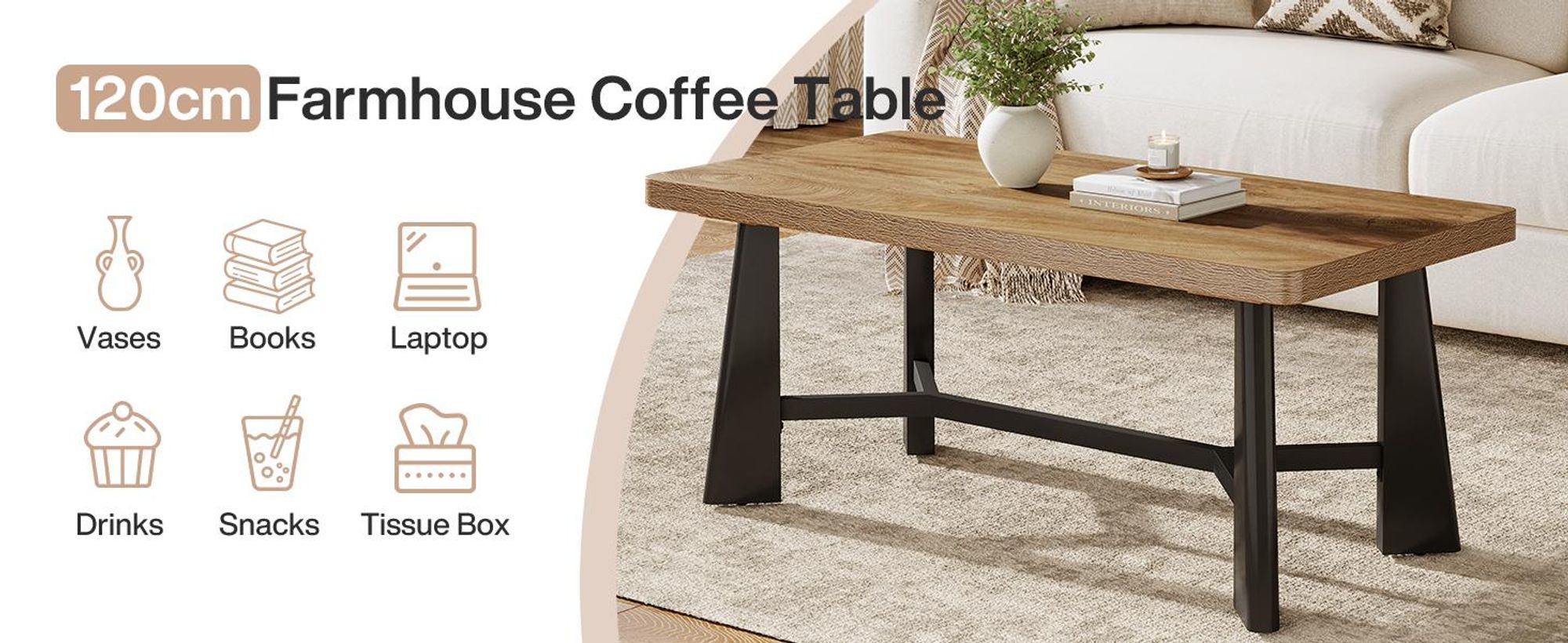 Tribesigns Rechteckiger Couchtisch, 120 cm Wohnzimmertisch, Landhaus-Industrie-Stil Sofatisch, Mitteltisch für das Wohnzimmer
