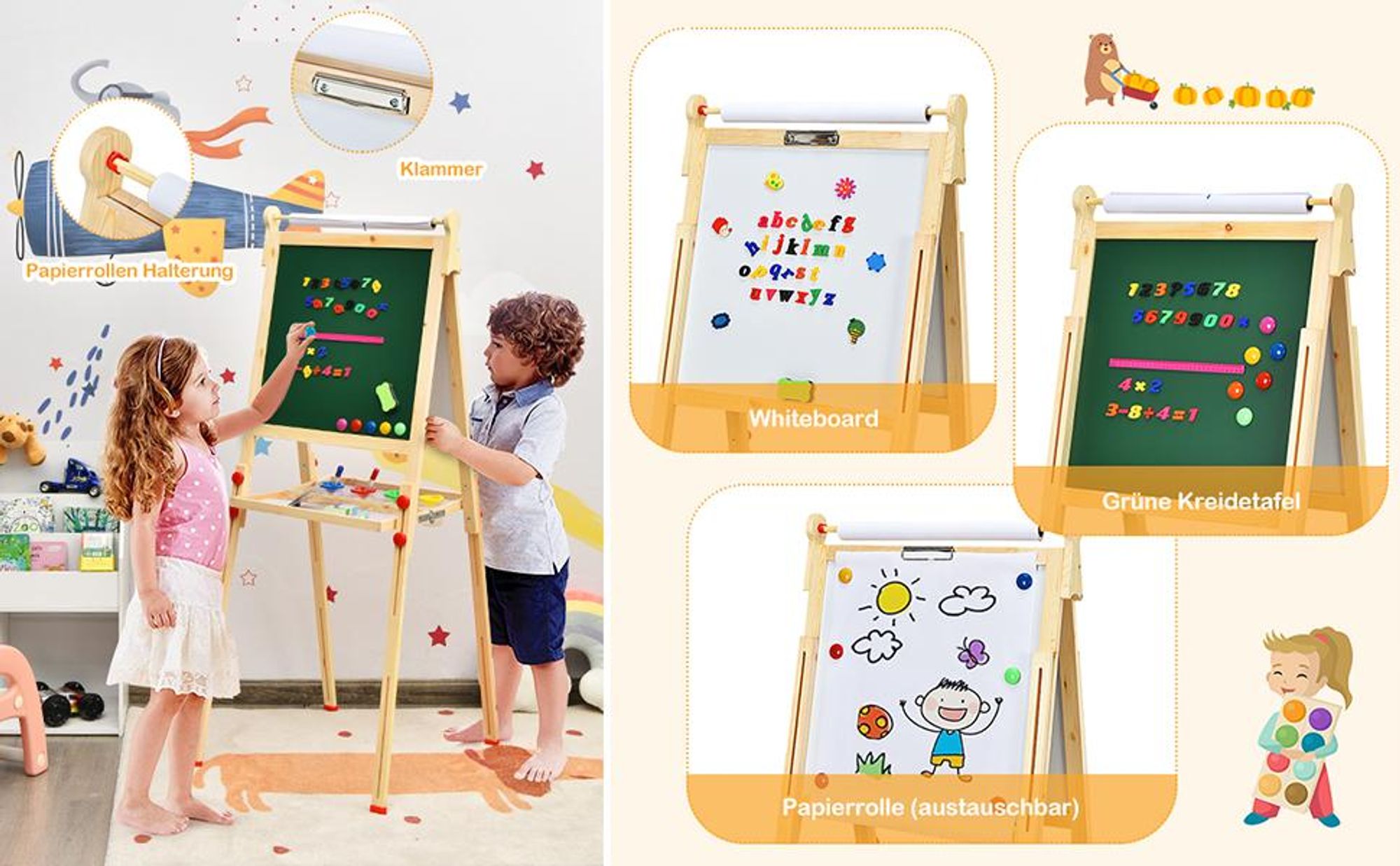 COSTWAY 3 in 1 Kindertafel aus Holz, Kinder Staffelei höhenverstellbar mit Whiteboard & Kreidetafel & Zeichenpapier, Magnettafel mit Ablage&Zubehör