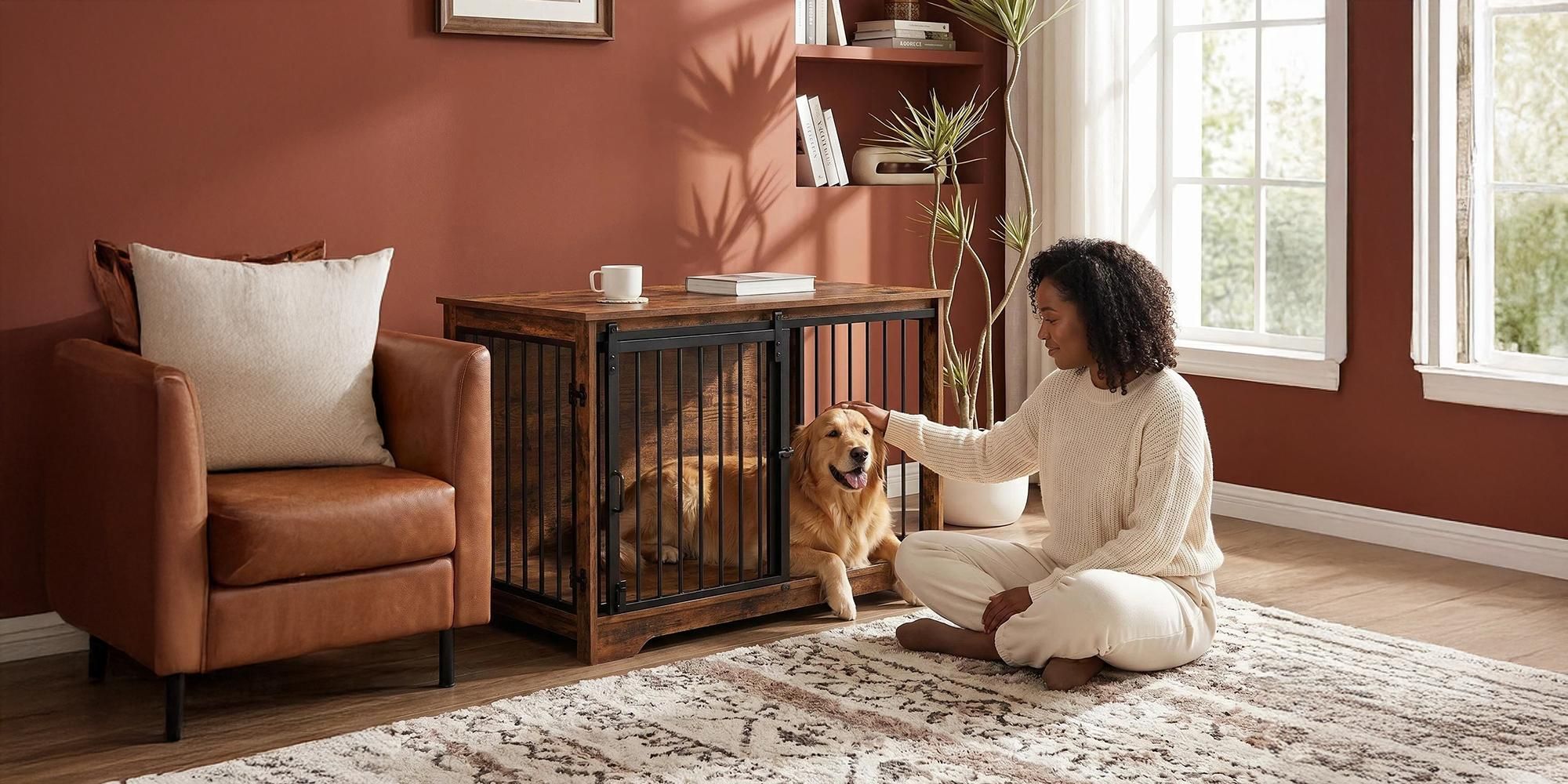 Hundekäfig Möbel, 100 cm Hundebox, 2 Türen, Schwarz | Schiebetüren, Moderne Hundebox Holz Indoor für Mittlere/Große Hunde, Hundekäfig für Zuhause