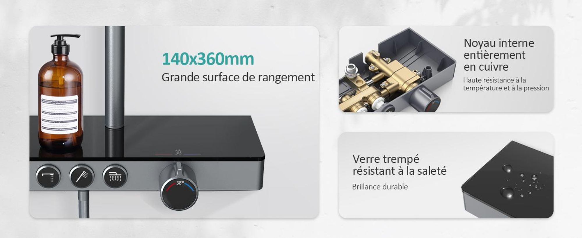 EMKE Système de douche avec thermostat tablette en verre douchette 3 jets douche à effet pluie, robinetterie de salle de bains & douche, KTW, gris - F09