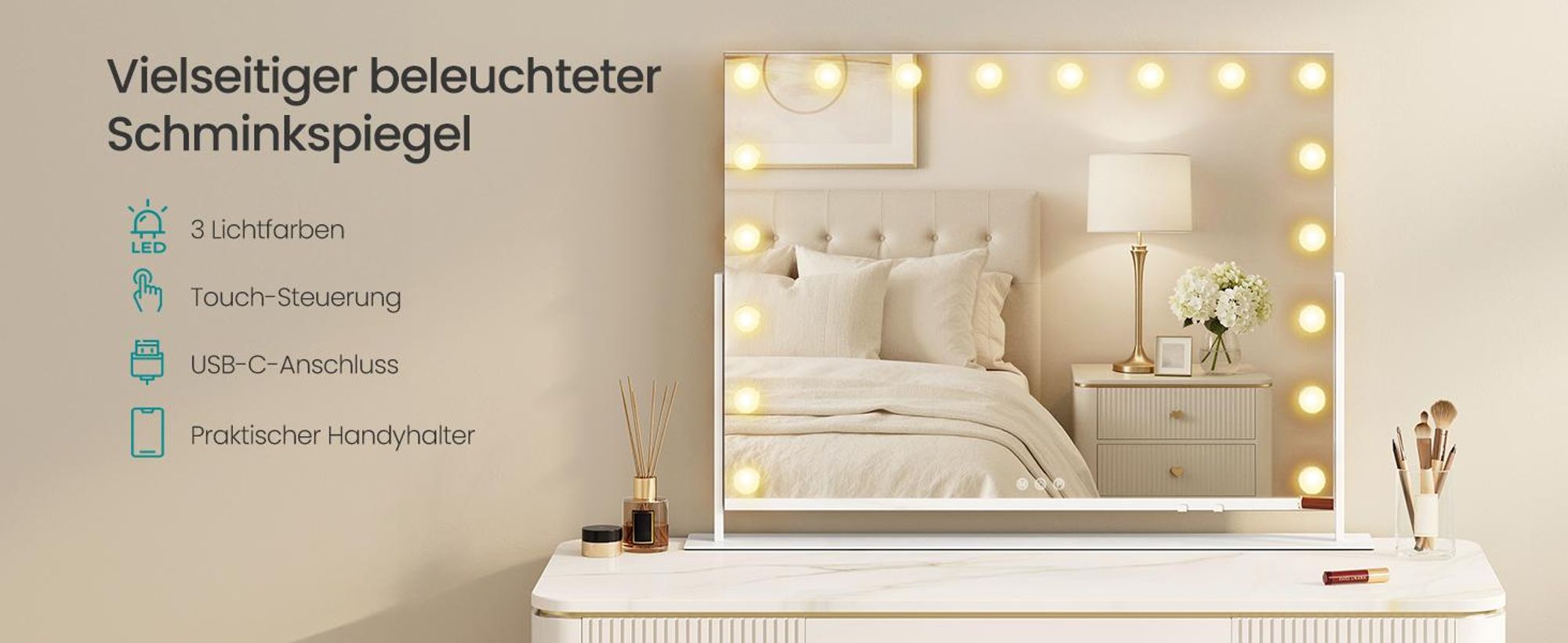 SONGMICS Make-up Spiegel mit LED-Beleuchtung, Kosmetikspiegel, Touch-Steuerung, Handyhalter, 3 Lichtfarben, 80 x 60 cm, weiß