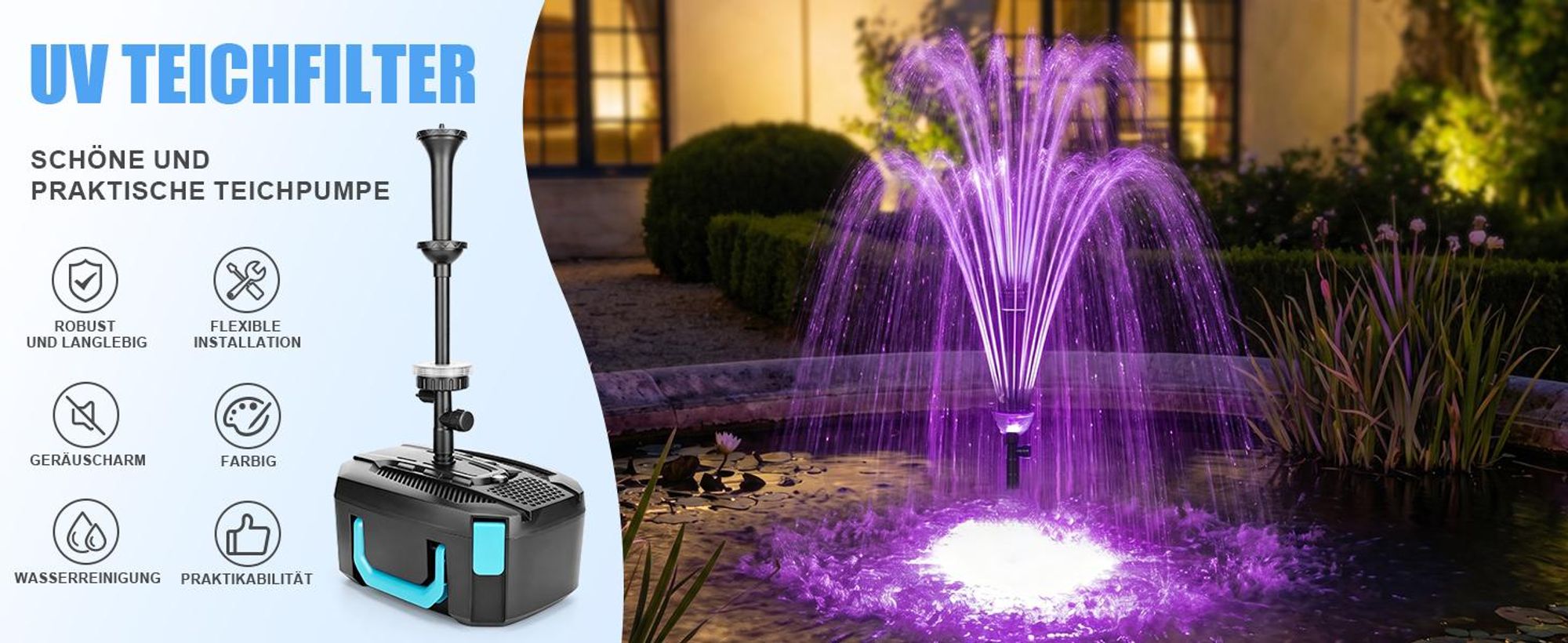 45W 3000L/H Springbrunnenpumpe mit UVC-Klärer & RGB Teichpumpe mit Teichfilter 3 Düse Wasserspielpumpe Bachlaufpumpe Wasserpumpe Fontäne Gartenbrunnen