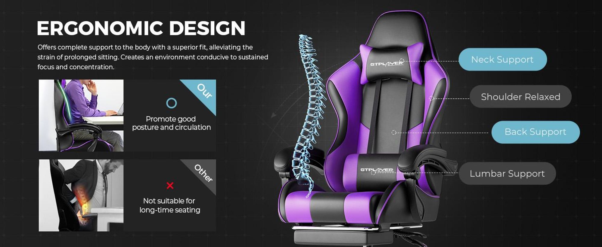 GTPLAYER Herní židle s podnožkou a masážním bederním polštářem Kancelářská židle pro hráče Ergonomická herní židle s připojitelnými područkami s nosností až 150 kg Fialová