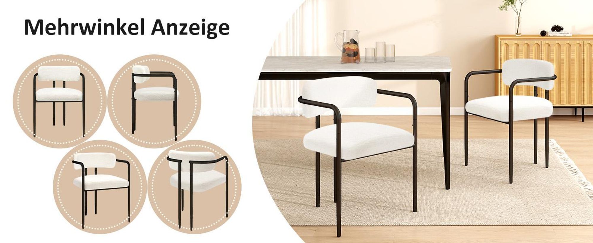 Puluomis Esszimmerstuhl mit Armlehnen 6er Set, Ergonomischer Küchenstühle mit gepolsterten Sitz, Teddyfleece Bezug, 120kg Tragfähigkeit weiß