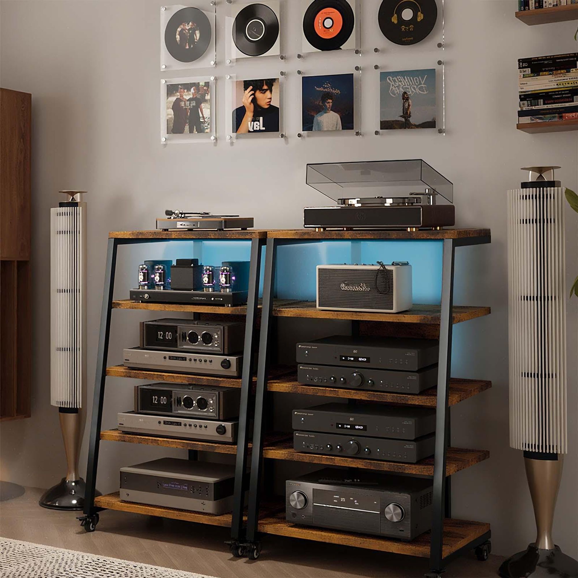 5-stufiger HiFi Rack mit Rädern, Plattenspieler Tisch mit Steckdosenleisten, LED-Leuchten, Verstellbaren Ablage Holz Medienständer HiFi