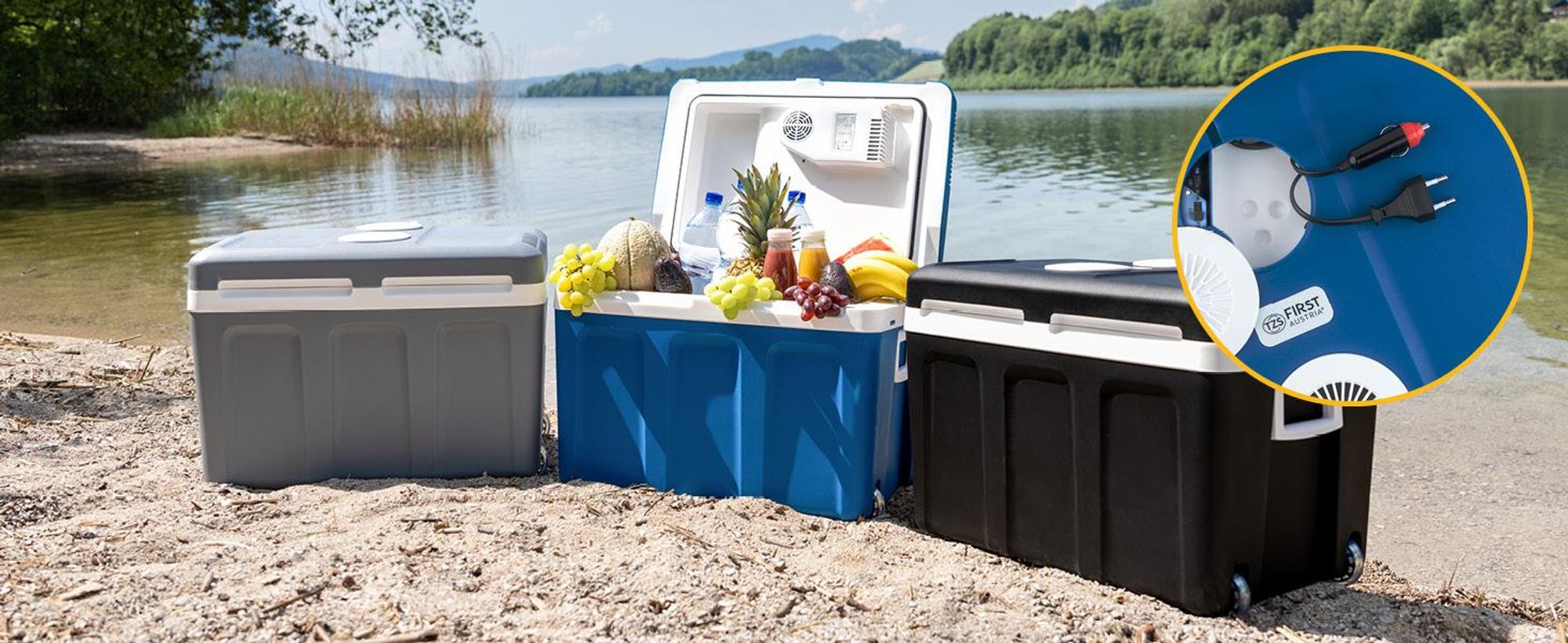 TZS First Austria - Kühlbox 45L elektrisch 12V 230V Anschluss für Auto & Steckdose - Thermoelektrisch - Blau