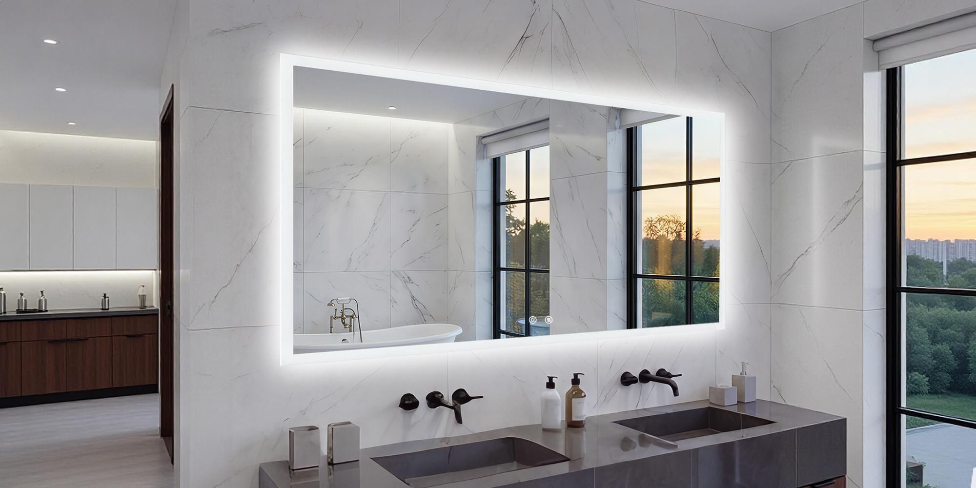 WISFOR LED Badspiegel 120x70 cm mit Beleuchtung, 3 Lichtfarben, dimmbar, beschlagfrei, Touch, IP66