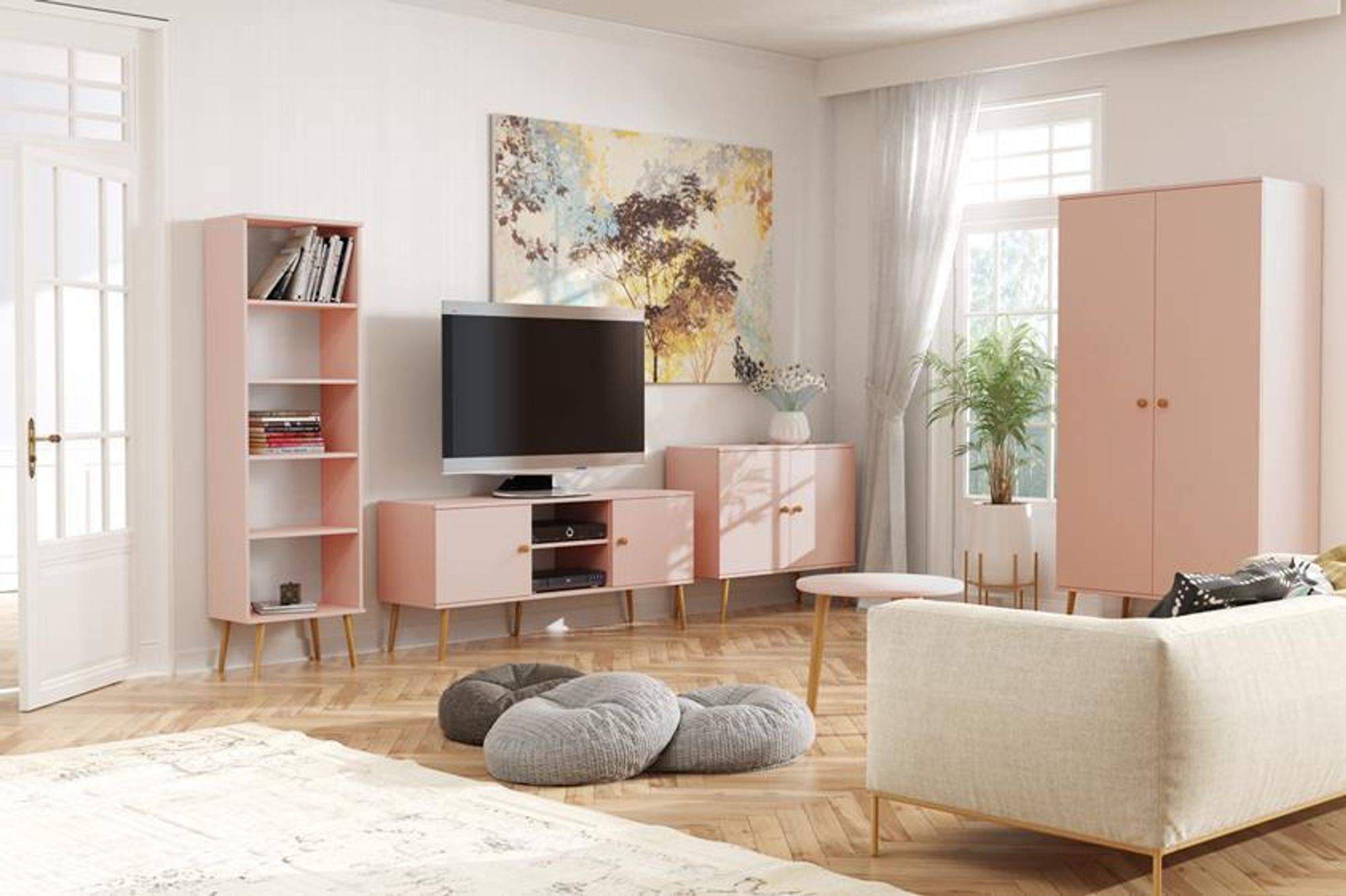 Bettso Kommode mit 2 Türen minimalistisches Sideboard im skandinavischen Stil auf Holzbeinen Griffe aus Jute für Wohnzimmer Schlafzimmer 100 IKON Rosa
