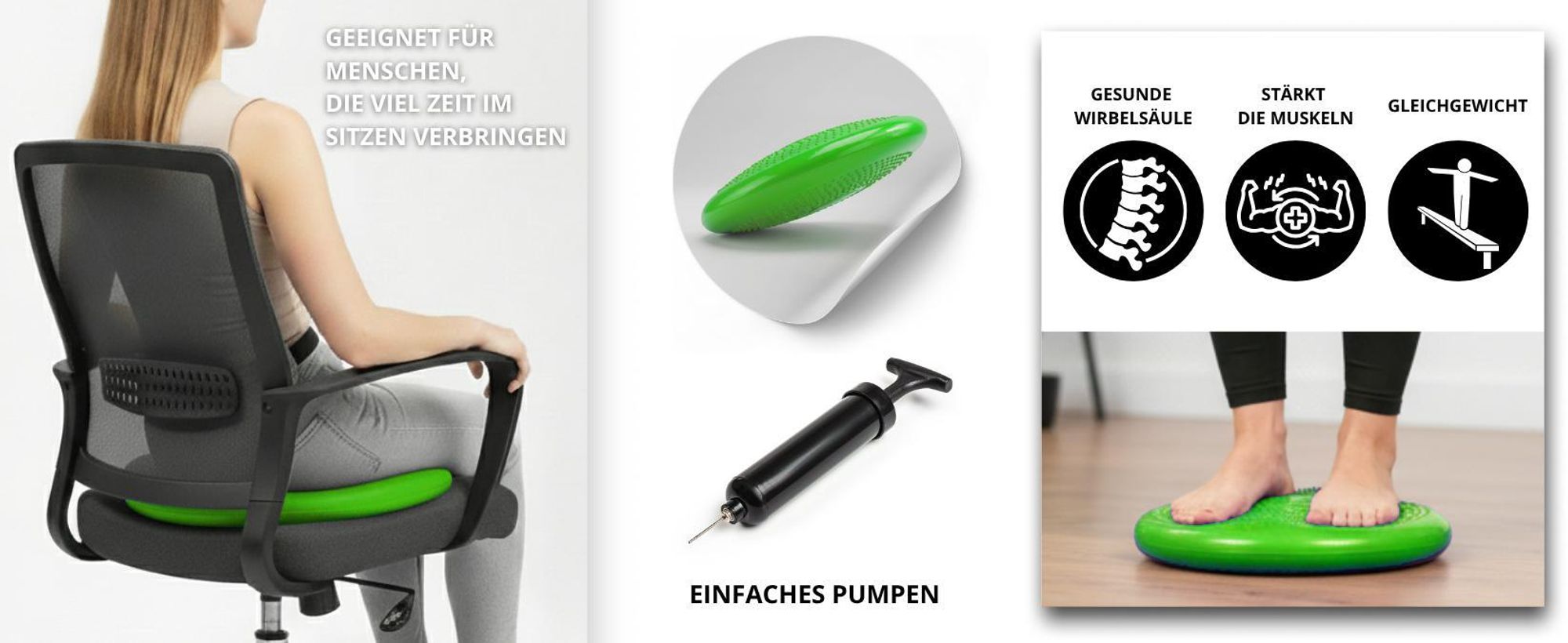 Sensomotorisches Kissen 34 cm Rücken Training gleichgewichtskissen + Pumpe Grün