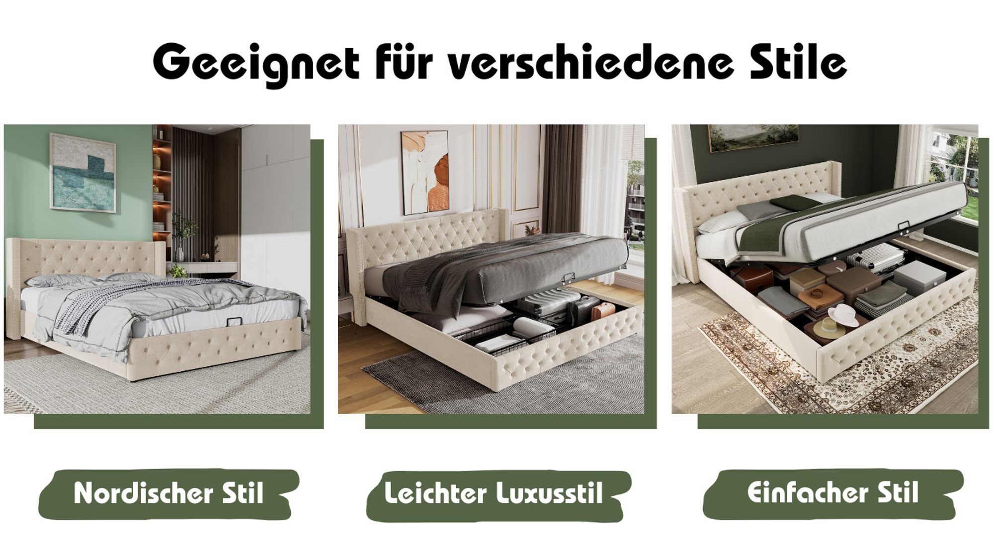 okwish Polsterbett 180*200cm Hydraulisches Doppelbett mit Stauraum, Bettkasten, Doppelte Nietenreihe Flanell, ohne Matratze- Beige