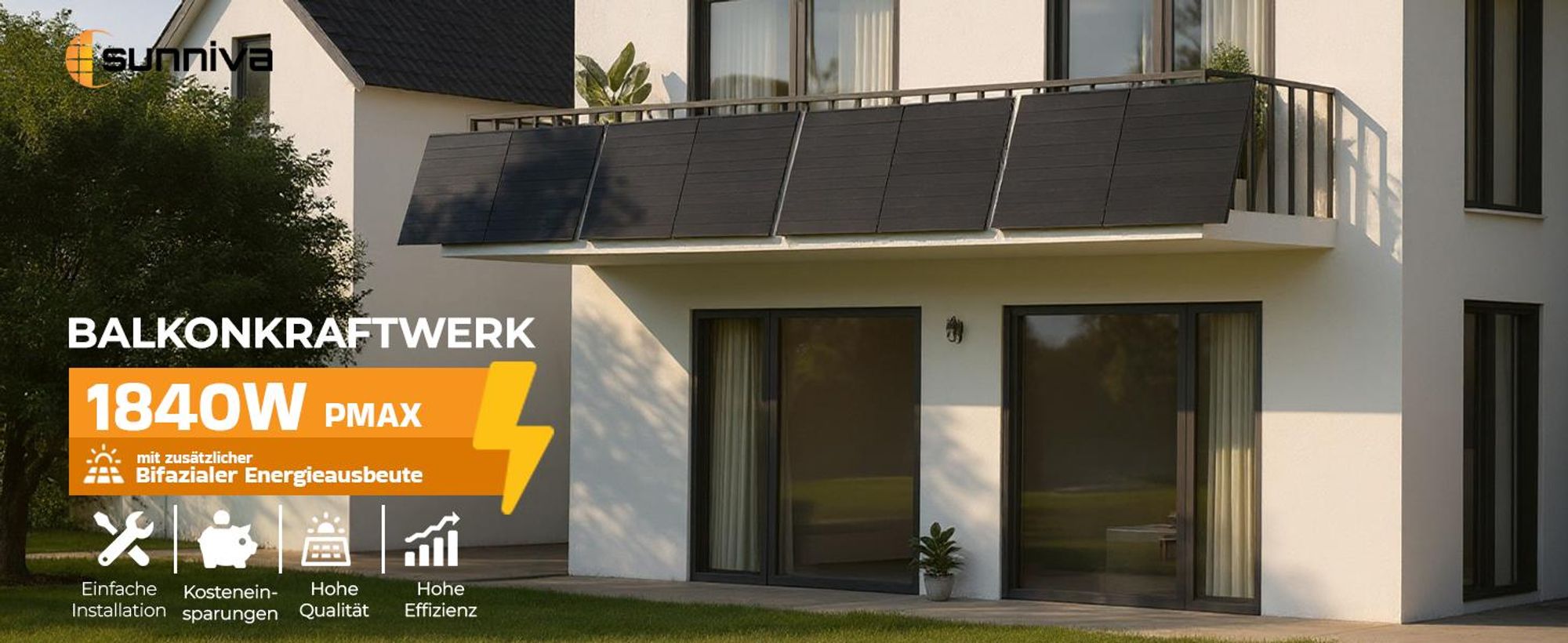SUNNIVA® 1840W Balkonkraftwerk mit 4.48 kWh Speicher Marstek 2x B2500-D, 4x 460W BIFAZIAL FULLBLACK komplett Steckdose, PV Solaranlage + Solarspeicher