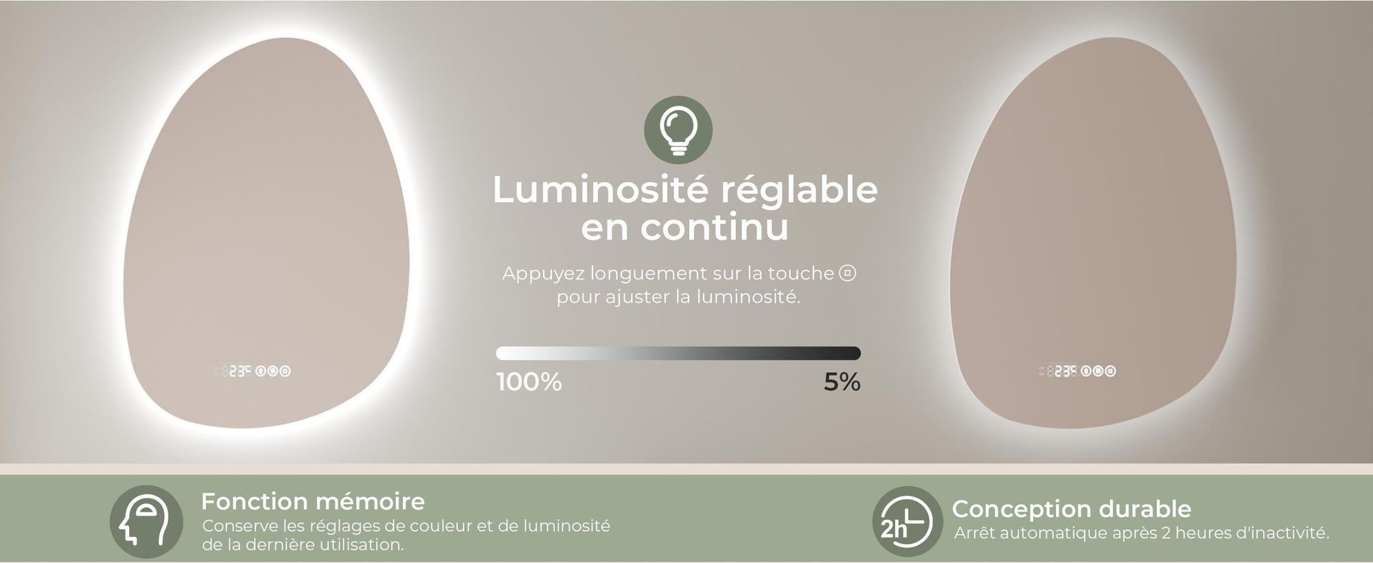 S'AFIELINA Miroir de salle de bain 75 x 55 cm avec éclairage Asymétrique avec 3 couleurs de lumière réglable, antibuée, Bluetooth, horloge, température, fonction mémoire