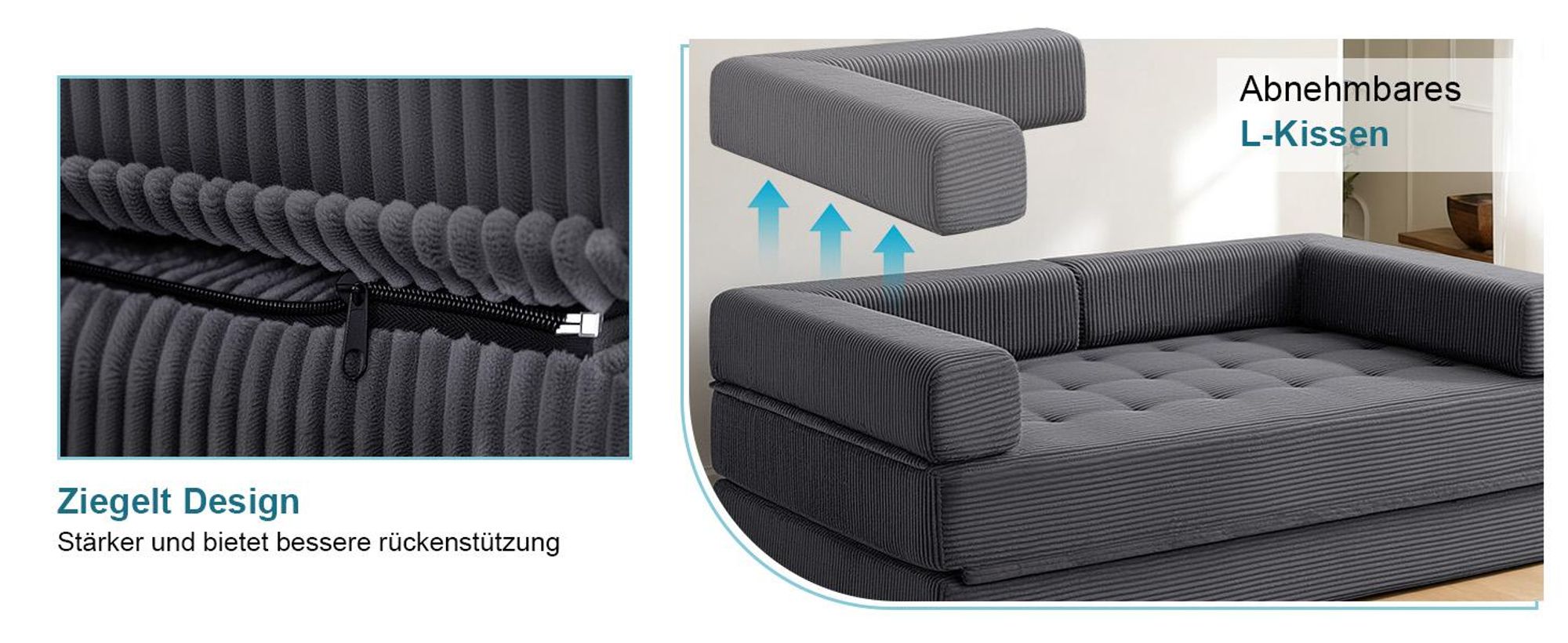 HOMMPA 5-in-1 Klapp-Schlafsofa, extragroß, Bodenschlafsofa, Cord-Klappmatratze, Sofa für Wohnzimmer, Schlafzimmer, Lounge, Queen 180x148cm, Grau