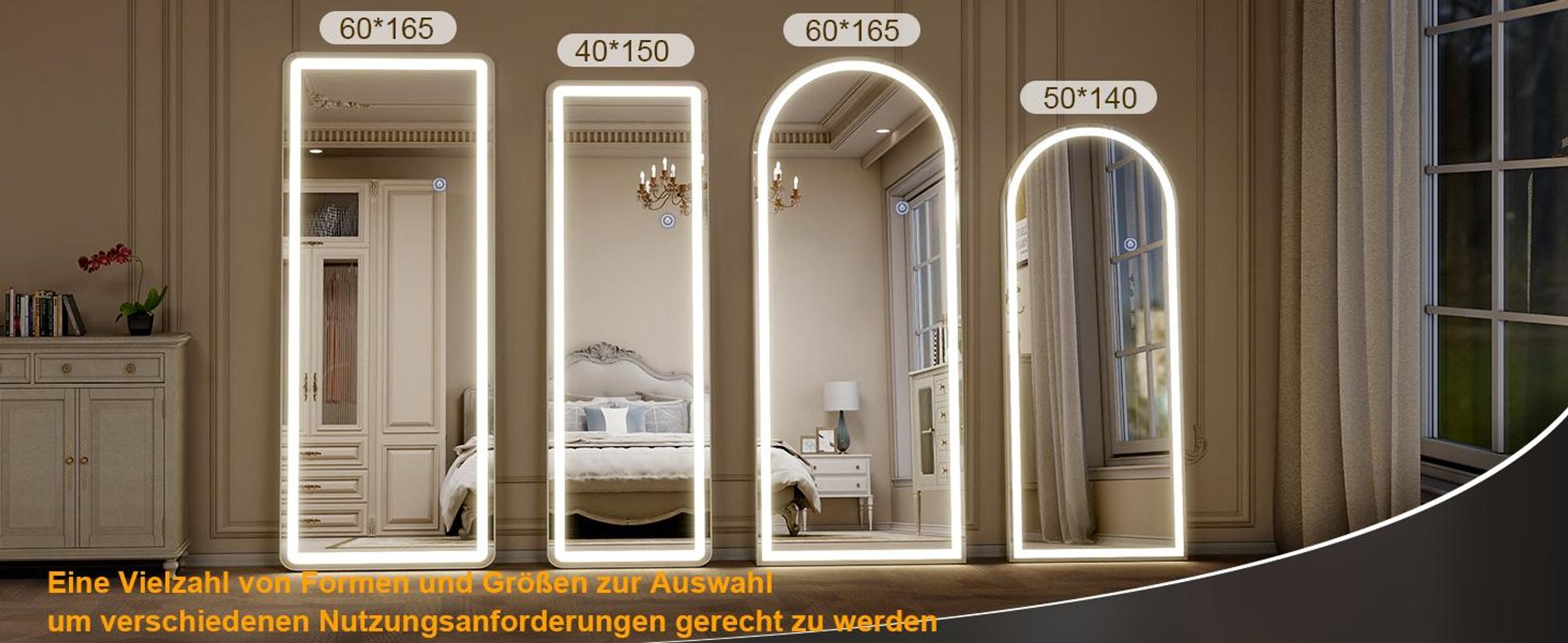 Koonmi LED Ganzkörperspiegel 180 x 76 cm stabiler Rahmen mit Touch, LED Spiegel mit Touchsteuerung, 3 Lichtfarben und beschlaghemmender