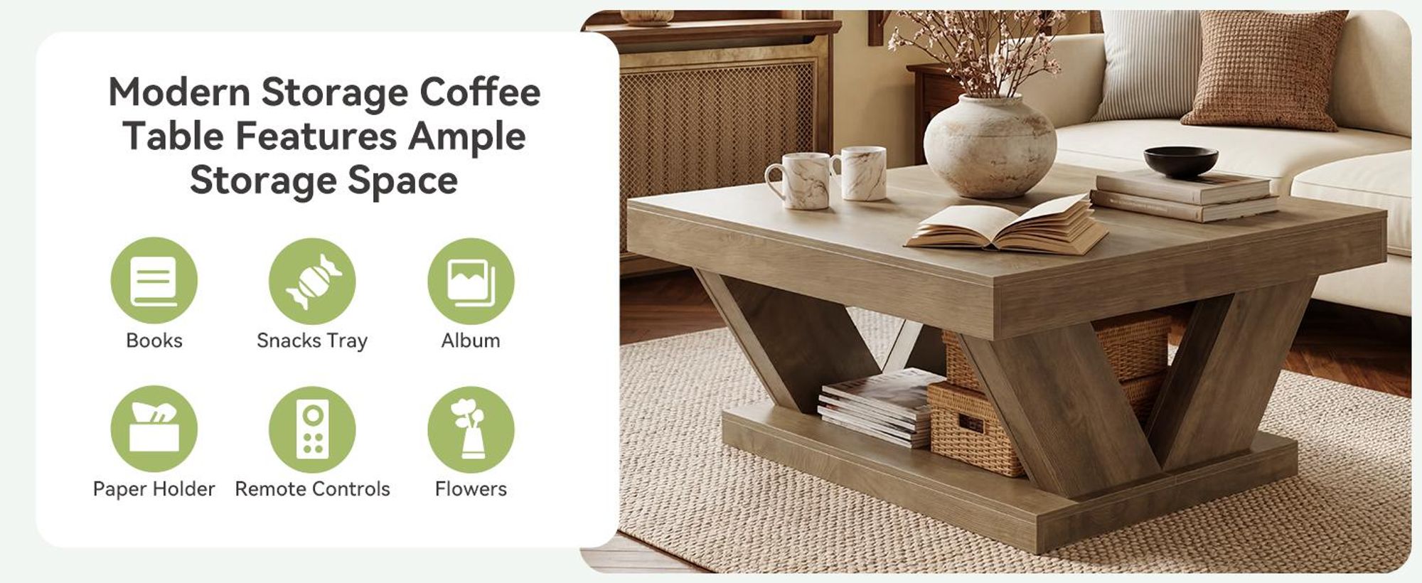 Couchtisch, Landhaus-Couchtisch mit großer Ablagefläche, moderner 2-stöckiger Couchtisch aus rustikalem Holz für Wohnzimmer und Homeoffice