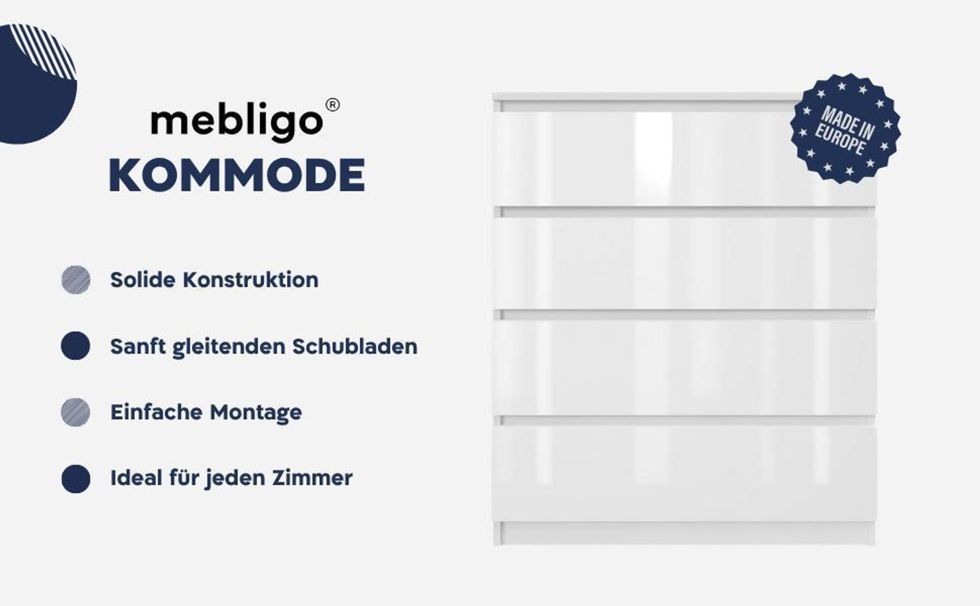 Kommode AVEN 90cm, Schrank 3 Schubladen, weiß lackiert,  Wohnzimmer, Schlafzimmer