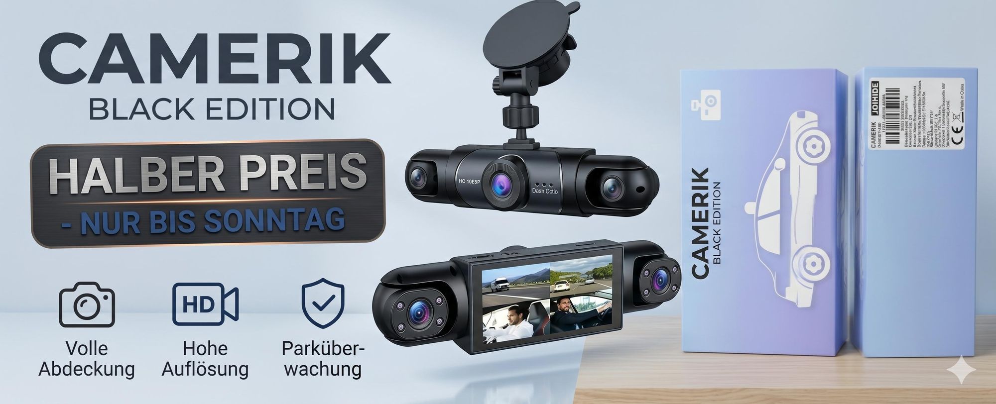 7,6cm Bildschirm Dashcam, 1080p Vierkanal Fahrrekorder mit Rückfahrkamera, Auto Kamera mit 150° Weitwinkel - CAMERIK