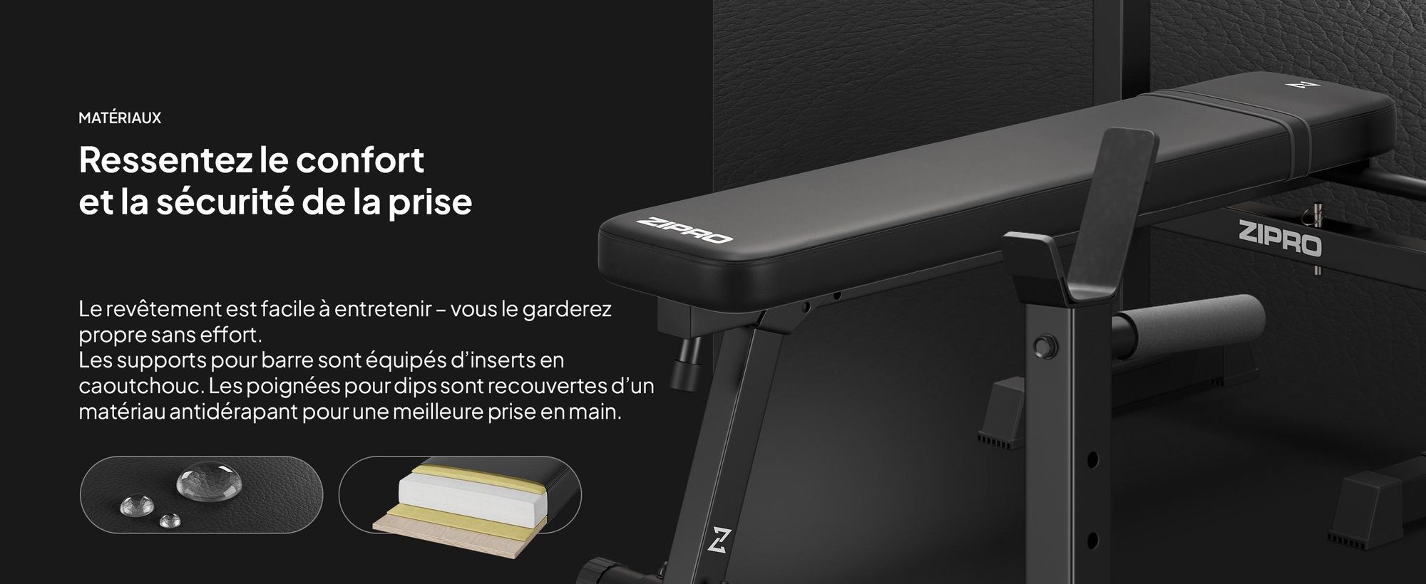 Banc de musculation Zipro avec support pour haltères Core – Banc de musculation pliable pour développé couché Banc plat avec barres de dip Capacité de charge jusqu'à 230 kg Peu encombrant