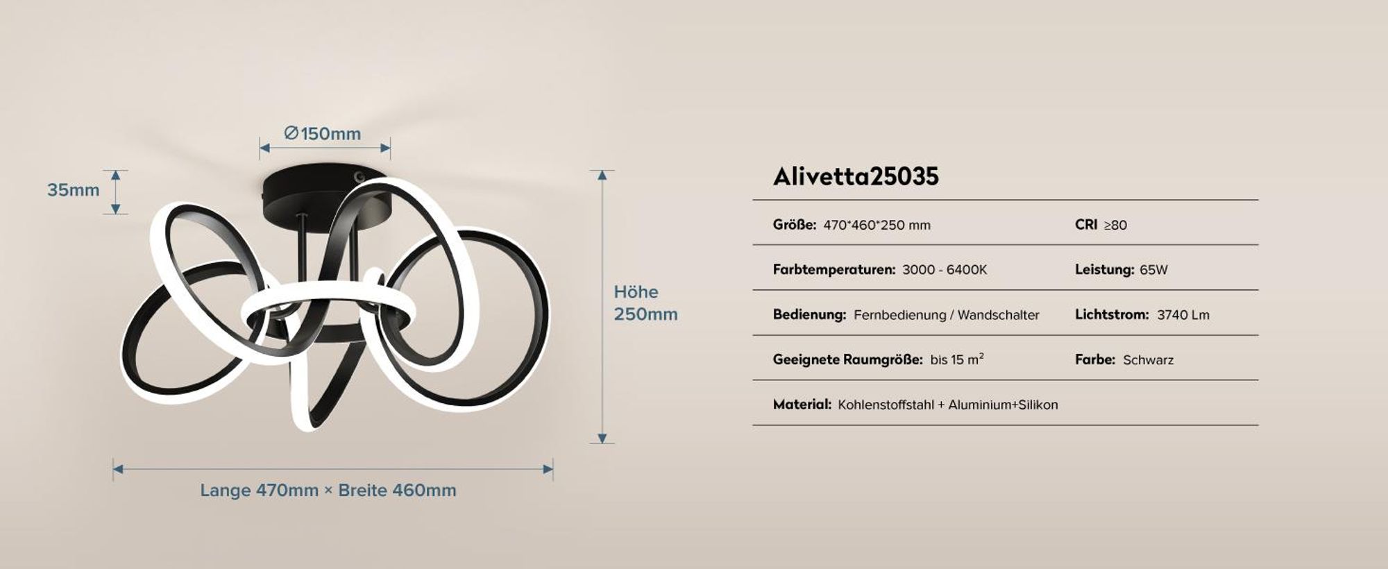 doporro Deckenlampe LED, Deckenleuchte dimmbar mit Fernbedienung, Modern Schlicht Lampe 65W für Wohnzimmer, Schlafzimmer Schwarz Alivetta25035
