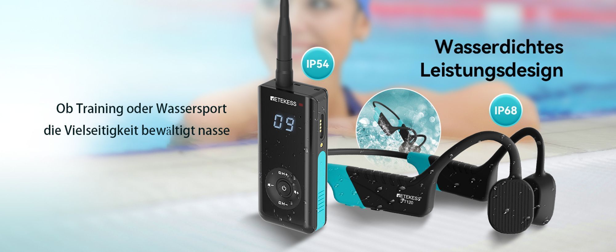 Retekess TT120 Schwimmtrainer-Kommunikator, IP68 Wasserdichte Schwimmkopfhörer, Knochenleitung, (1 Sender, 5 Empfänger)