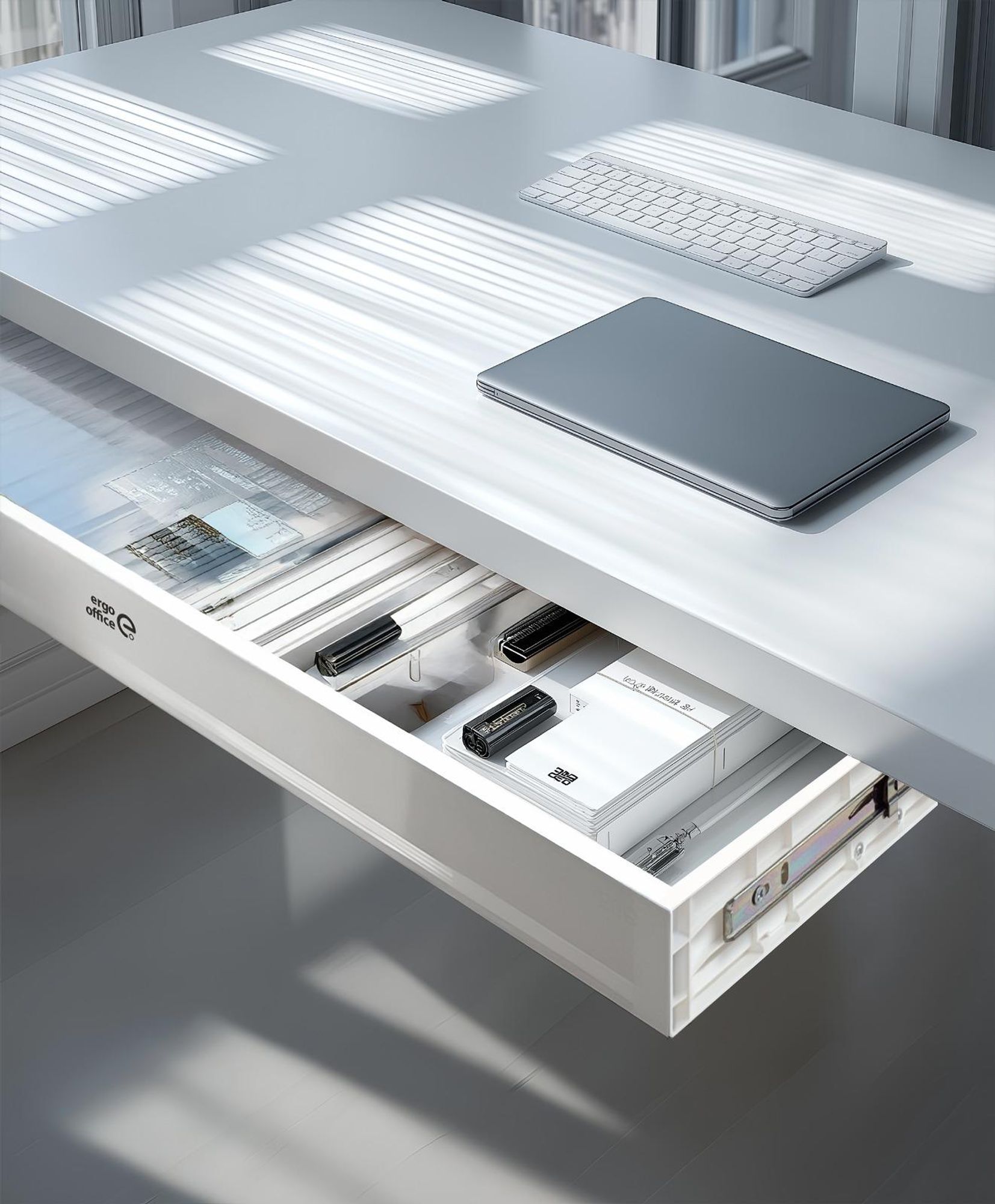 Flache Untertisch‑Schublade 758 mm | Robuste Kunststoff‑Schublade mit Stahlführungen bis 10 kg Ergo Office ER‑302