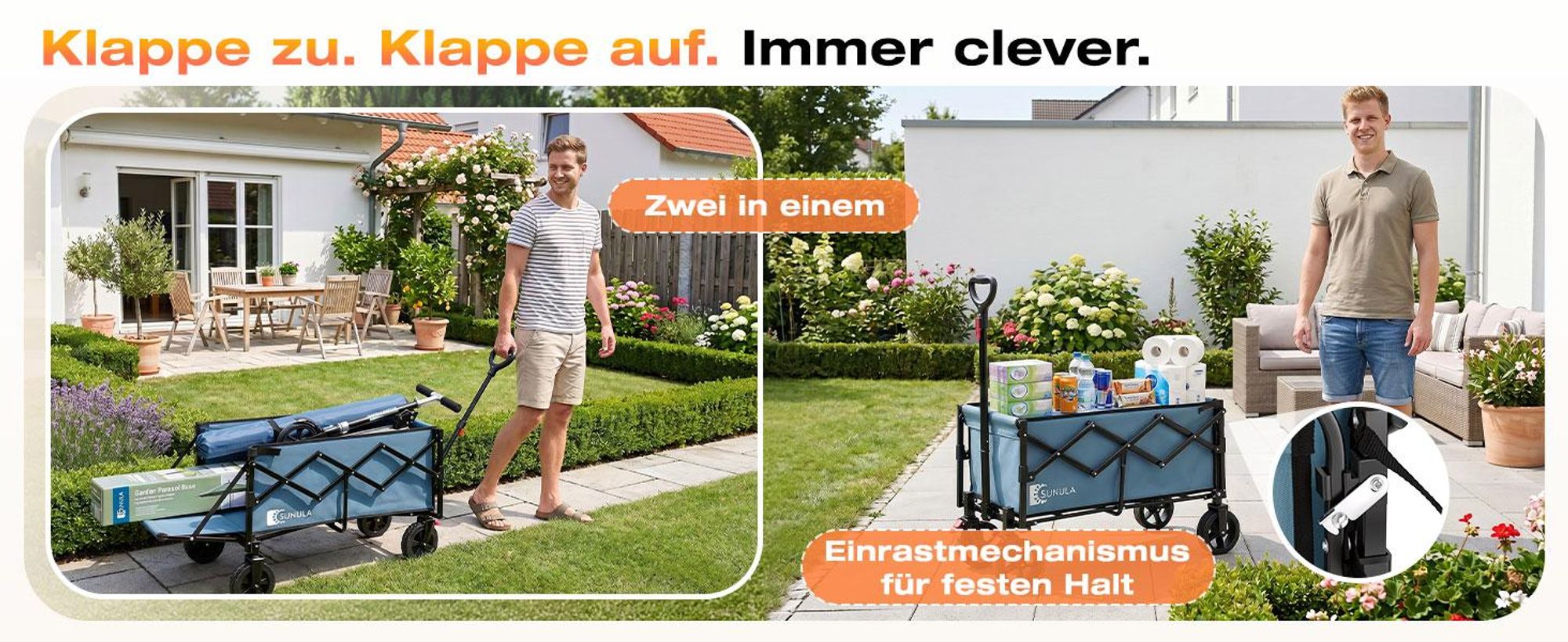 SUNULA Bollerwagen Faltbar mit Erweiterbarer Heckklappe – 80L & 115L Hunde Transportwagen, Blau