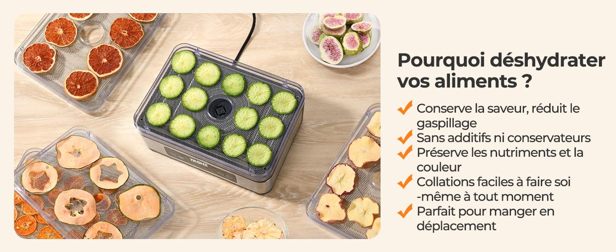 Déshydrateur YASHE FD-1019 5 grilles inox, 400 W, 35–70 °C