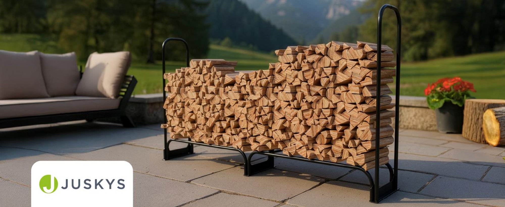 Juskys Kaminholzregal L 260x117x36 cm, außen aus Metall mit Abdeckungung, Feuerholzregal