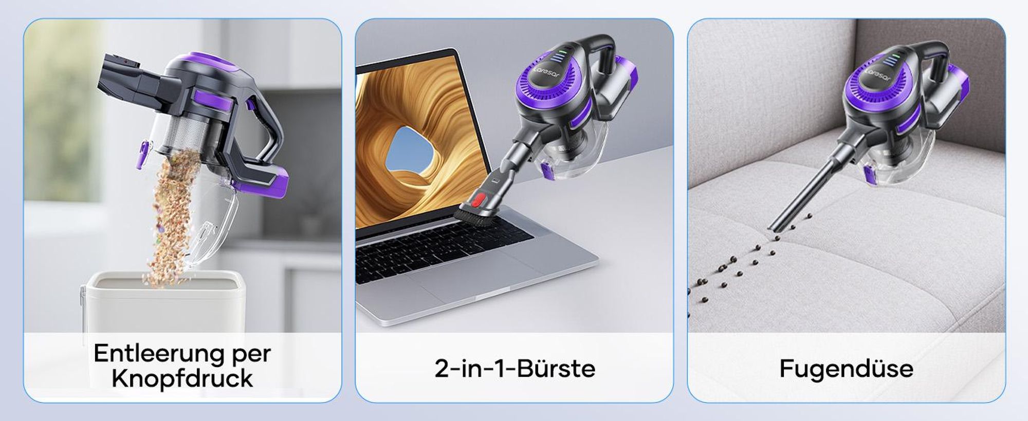 Laresar V10 Lite Akku Staubsauger, 38.000pa Staubsauger, Bis zu 45 Min Laufzeit,Anti-Tangle Roller Die V-förmige Bürste