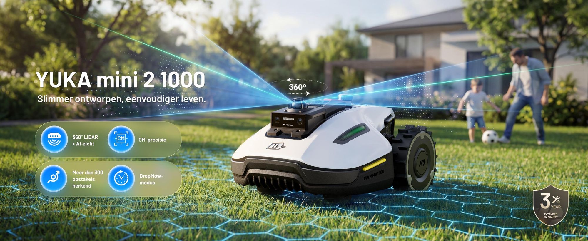 Robotmaaier Mammotion YUKA Mini 2 1000 met garage en wasstandaard, zonder kabel, voor 1000 m², met DropMow-technologie, auto-kaartgeneratie, app