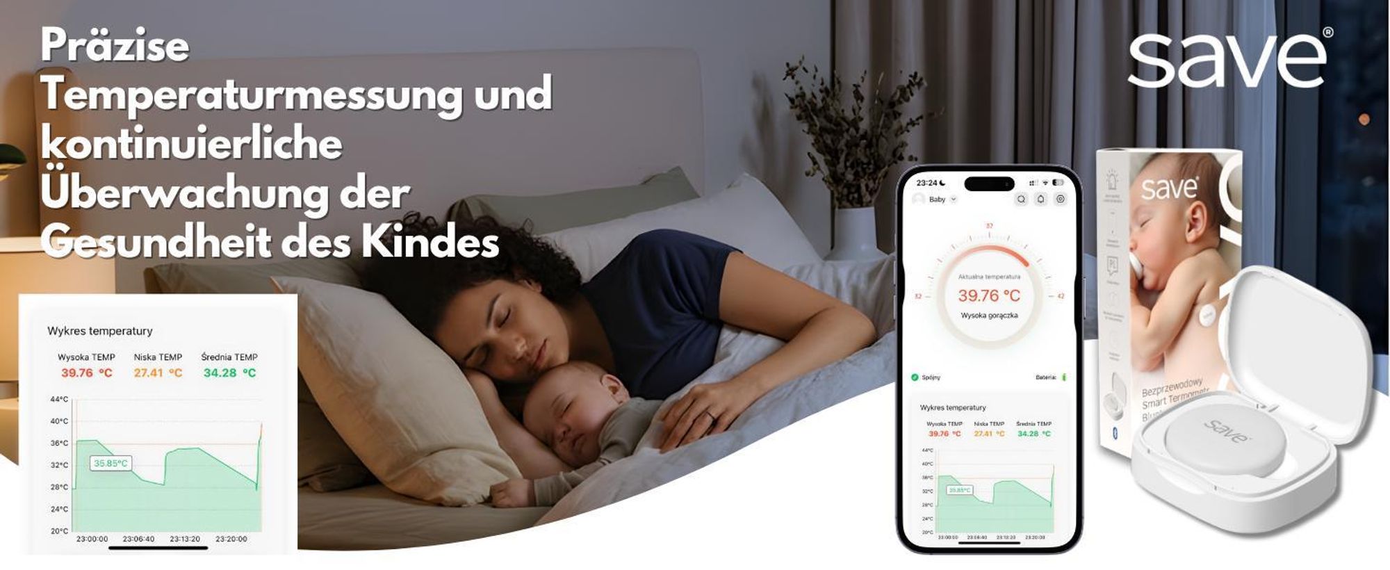 Drahtloses Thermometer für Kinder, intelligente medizinische Fieberalarm-App