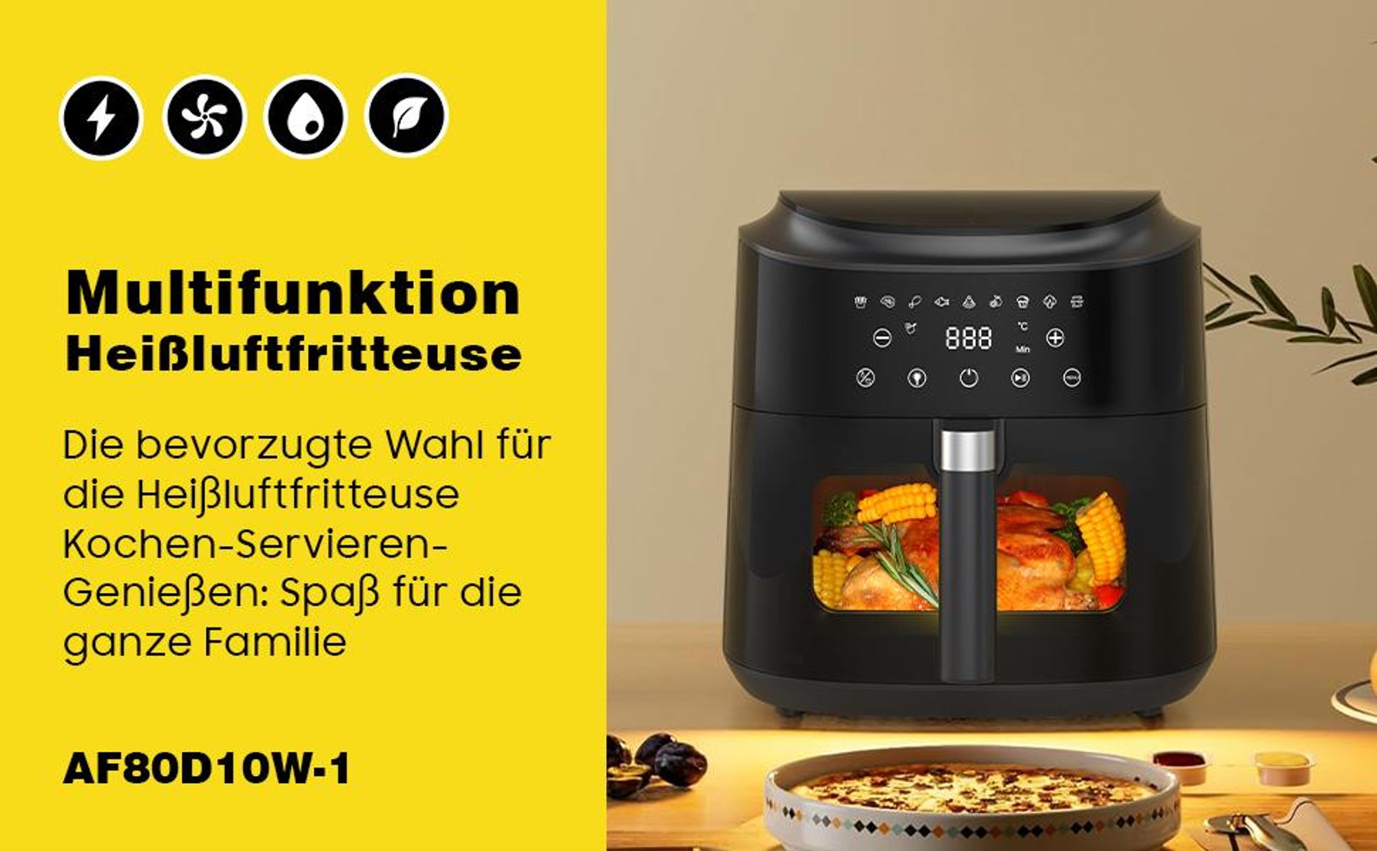 Heißluftfritteuse-Airfryer 9L mit Touch Controls, 9 voreingestellten Programmen, 2350 W, Sichtfenster mit Beleuchtung, Antihaft-Fritteuse, Schwarz