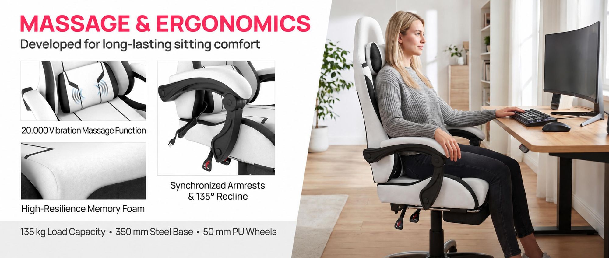 KRZESŁO GAMINGOWE ROSEJANE – Ergonomiczne krzesło do gier z funkcją masażu i podnóżkiem, regulowane oparcie (90°-135°), fotel gamingowy z poduszkami pod głowę i lędźwi, kolor zielony