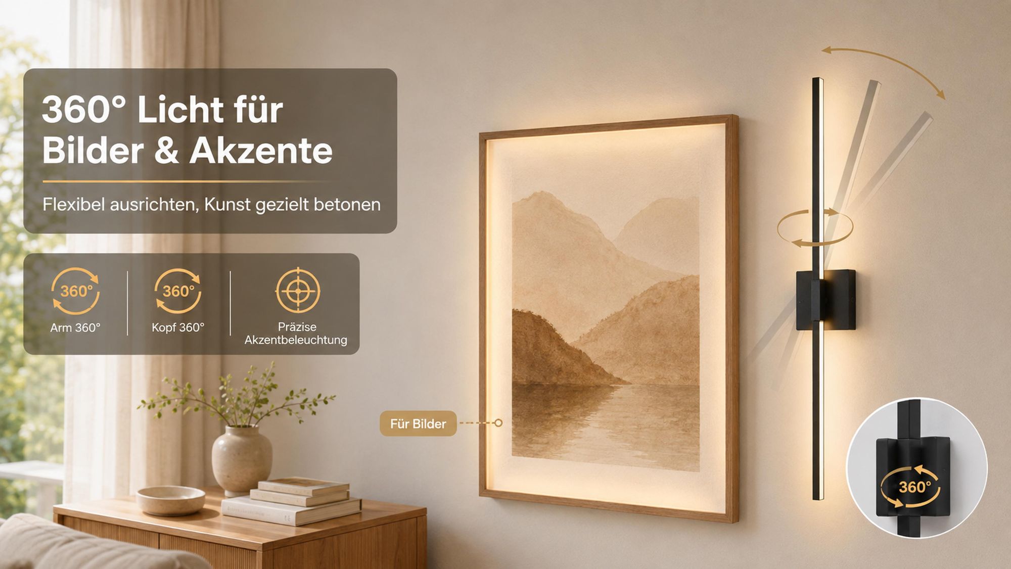 100cm Innen Akku Wandlampe mit Fernbedienung & Schalter, Kabellos Wandleuchte, Dimmbar, 360° schwenkbar, für Wohnzimmer/Schlafzimmer/Flur/Treppenhaus 2er Pack