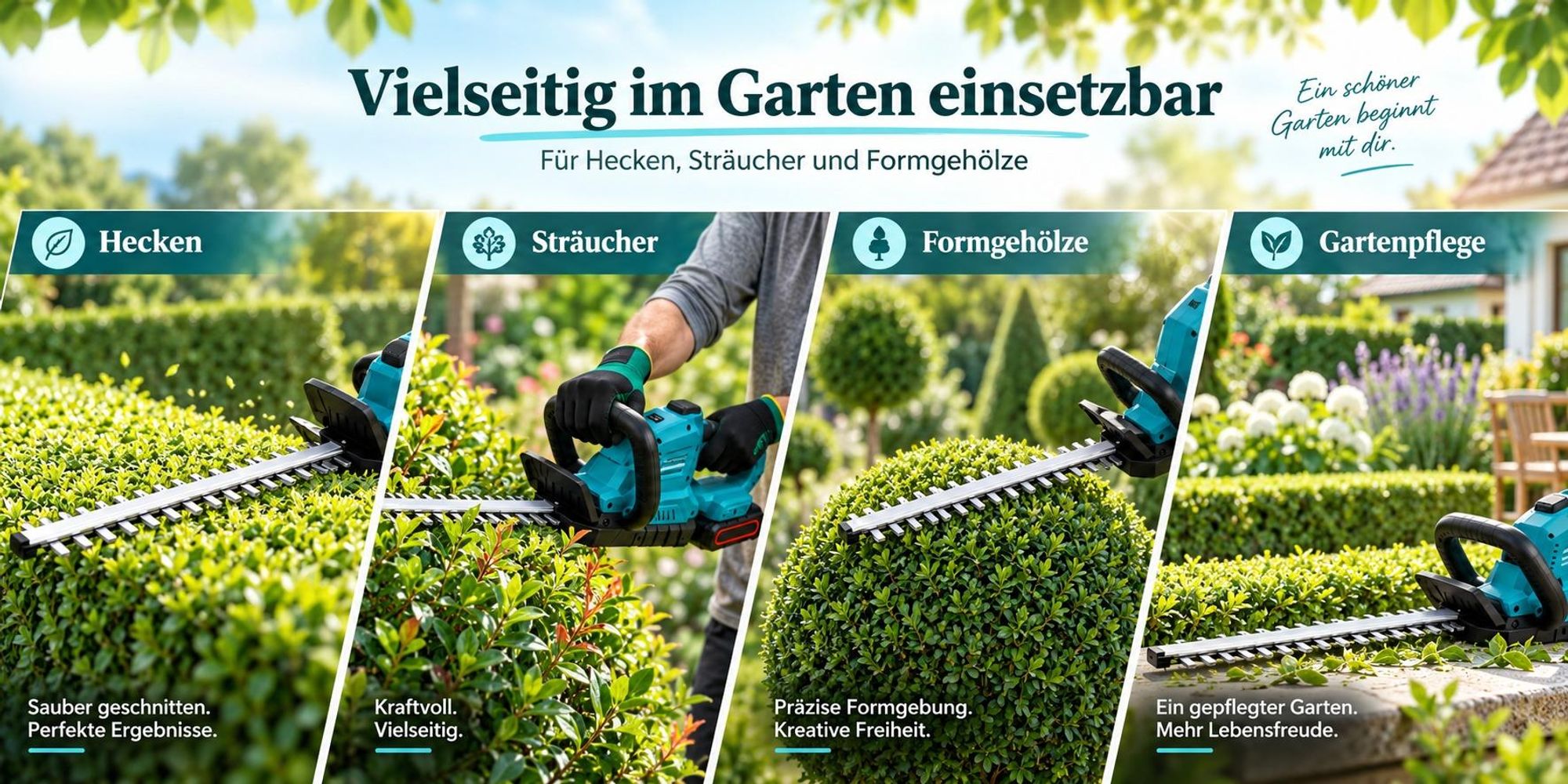 1500W Akku-Heckenschere 21V Brushless, 52 cm Messer, 2×4,0Ah Akkus, 360° Drehgriff, bis 26 mm Schnittstärke