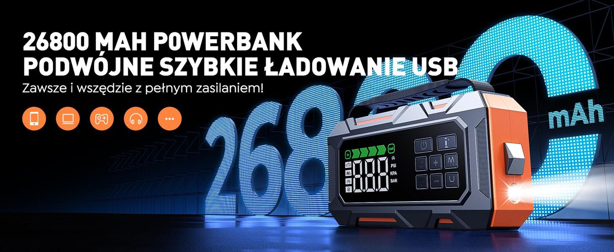 Powerbank Buture do rozruchu silnika, prąd szczytowy 6000 A, 26800 mAh, powerbank do rozruchu silnika samochodowego, zasilacz rozruchowy trzy w jednym